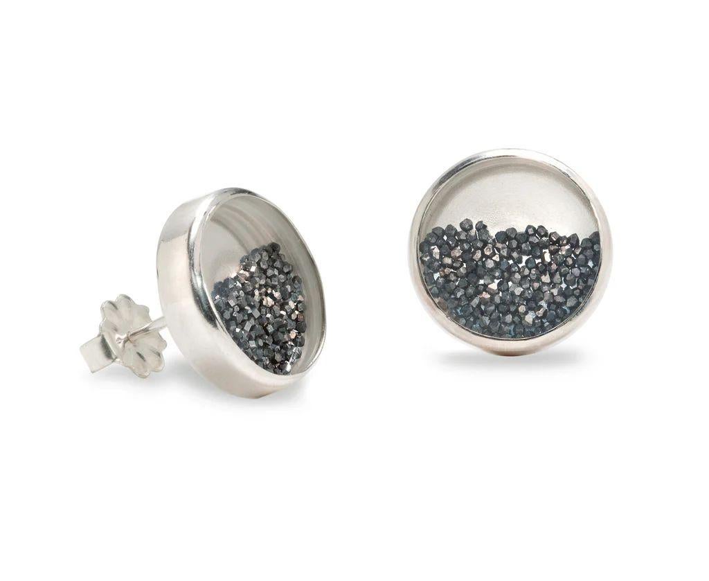 Rough Cut Sparkling Black Diamond Dust Sterling Silver Post Earrings For Sale