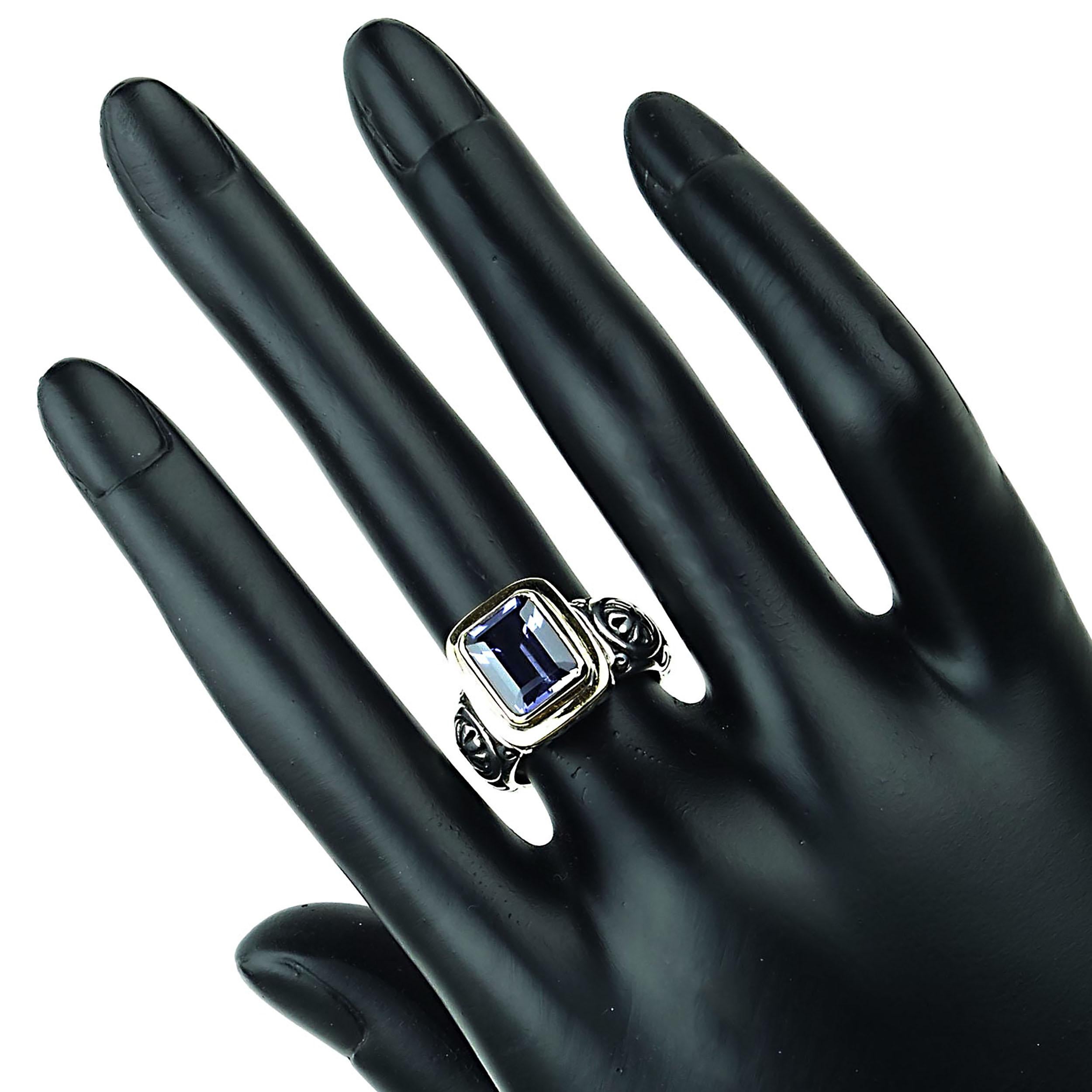 Emerald Cut AJD  Sparkling Blue Iolite in Sterling Silver Ring with 18 Karat Gold 