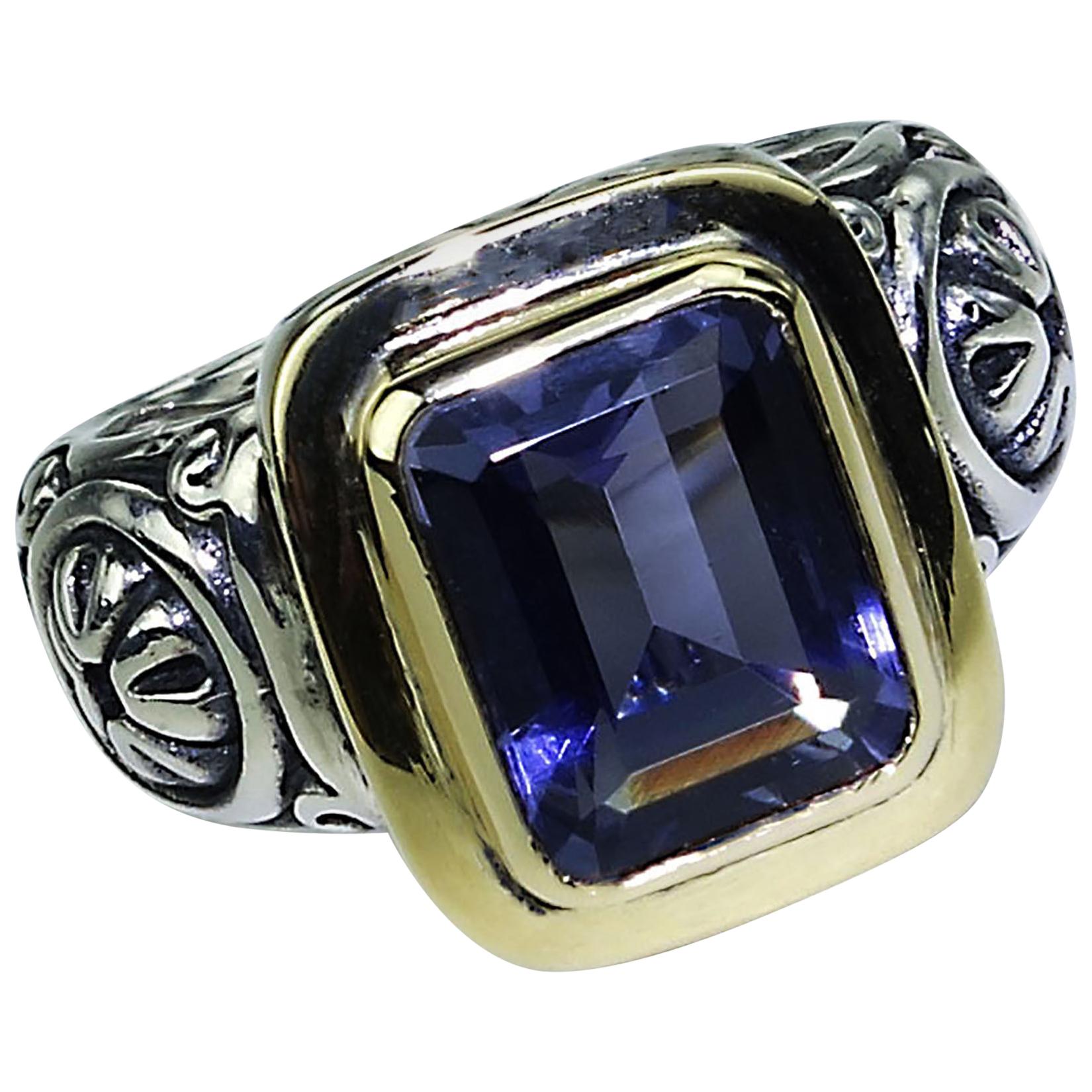AJD  Sparkling Blue Iolite in Sterling Silver Ring with 18 Karat Gold 