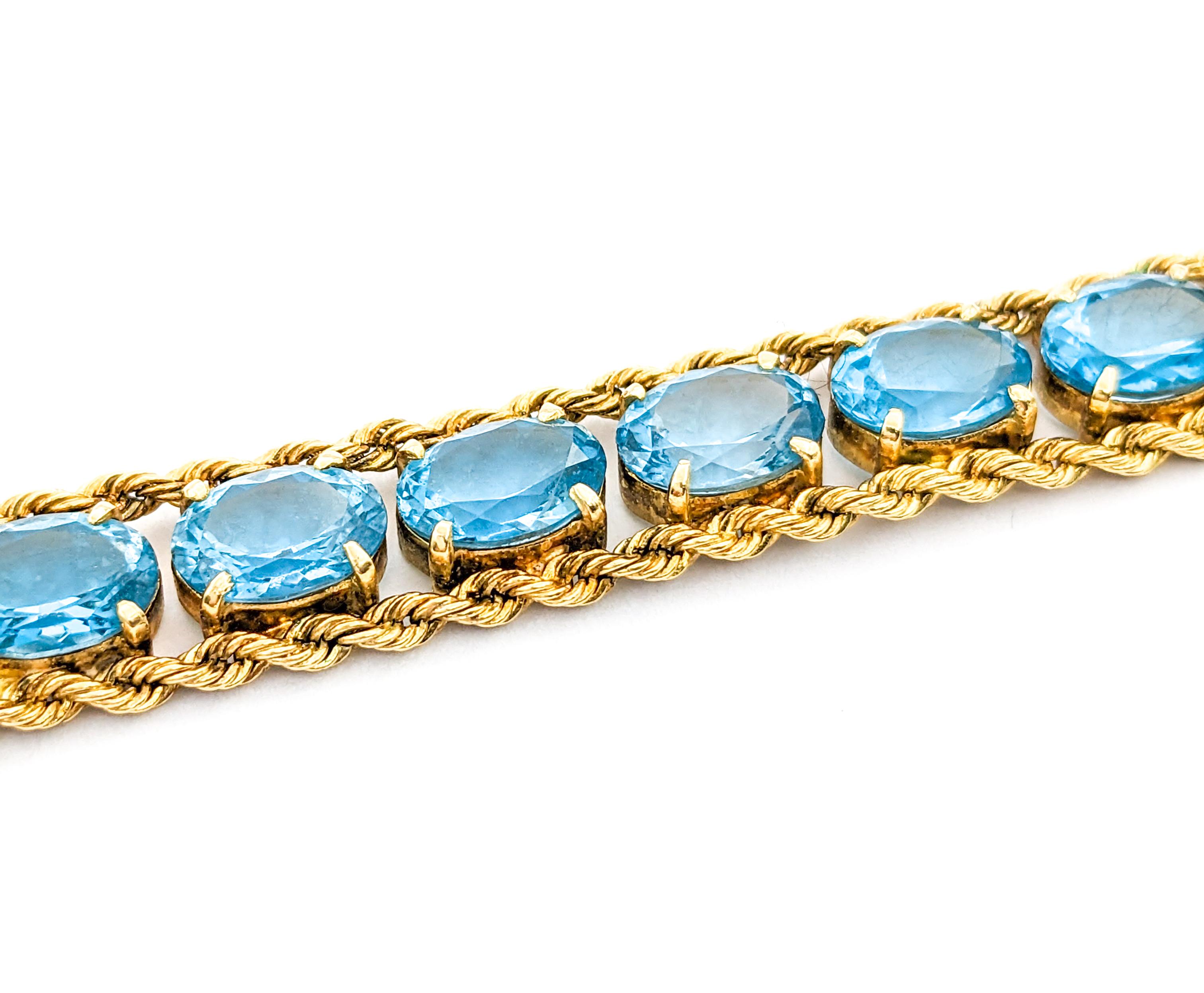Oval Cut Vintage Sparkling Blue Topaz & 14K Gold Chain Bracelet For Sale