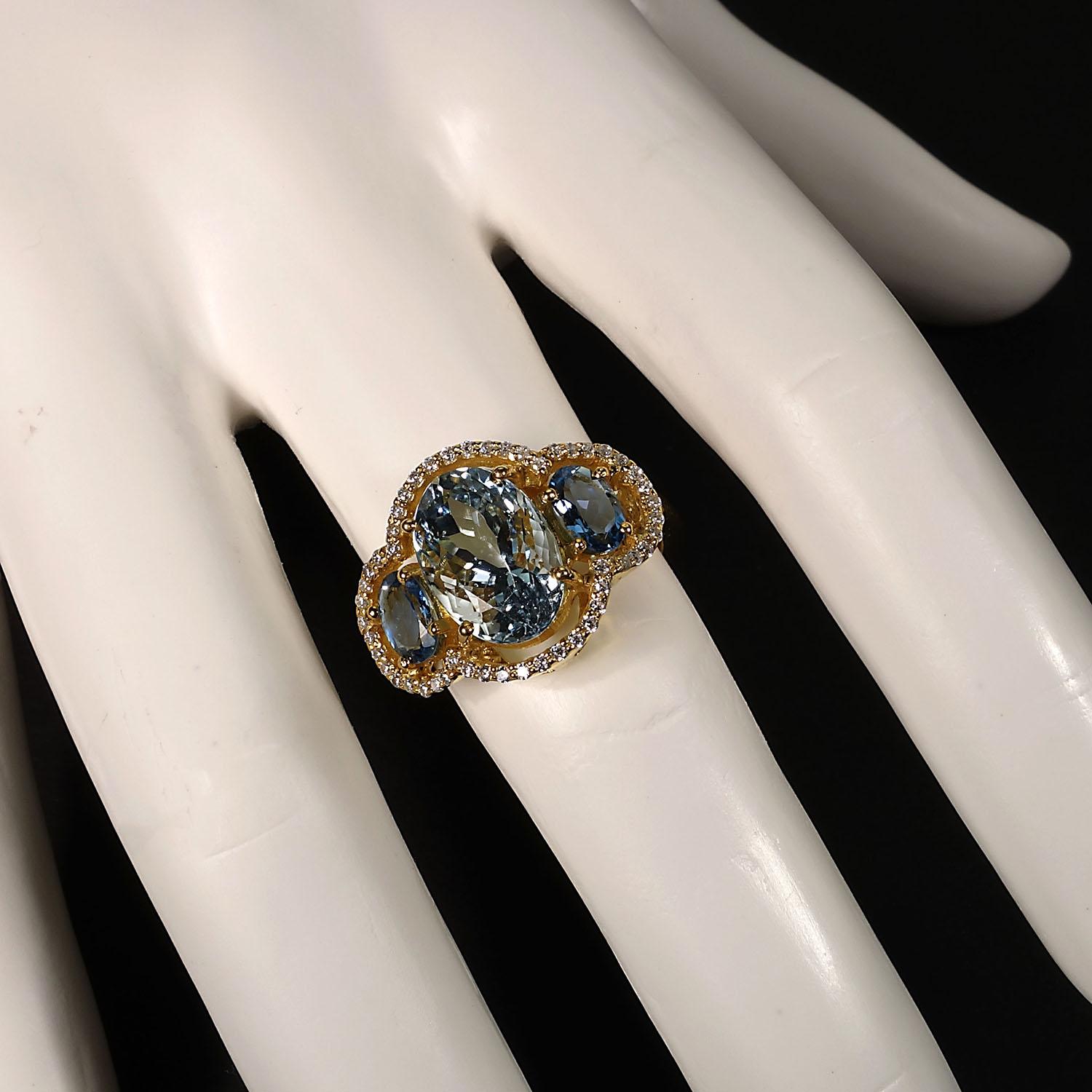 Artisan Gemjunky Sparkling Cocktail Ring of Three Aquamarines with Cambodian Zircon Halo