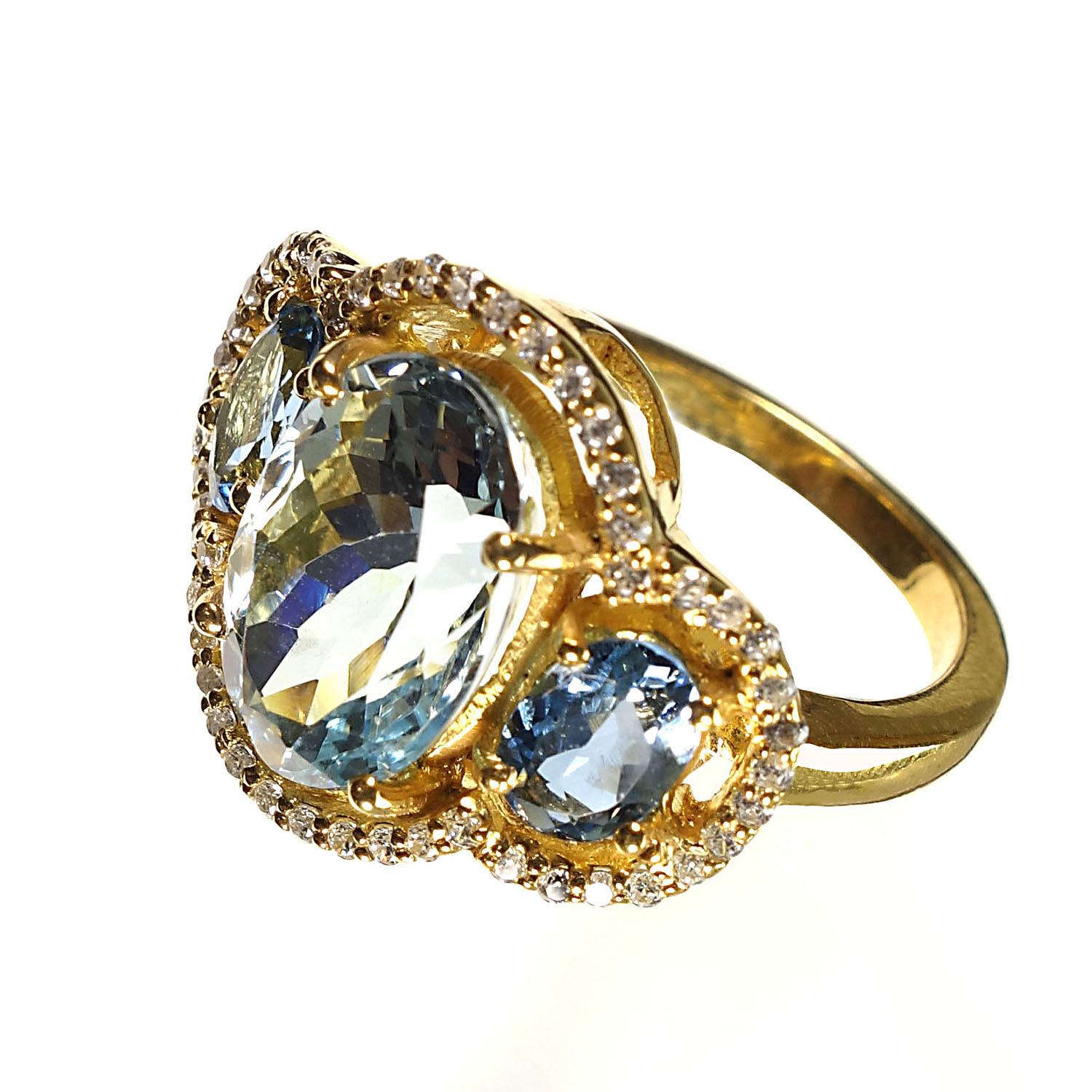 Gemjunky Sparkling Cocktail Ring of Three Aquamarines with Cambodian Zircon Halo In New Condition In Raleigh, NC