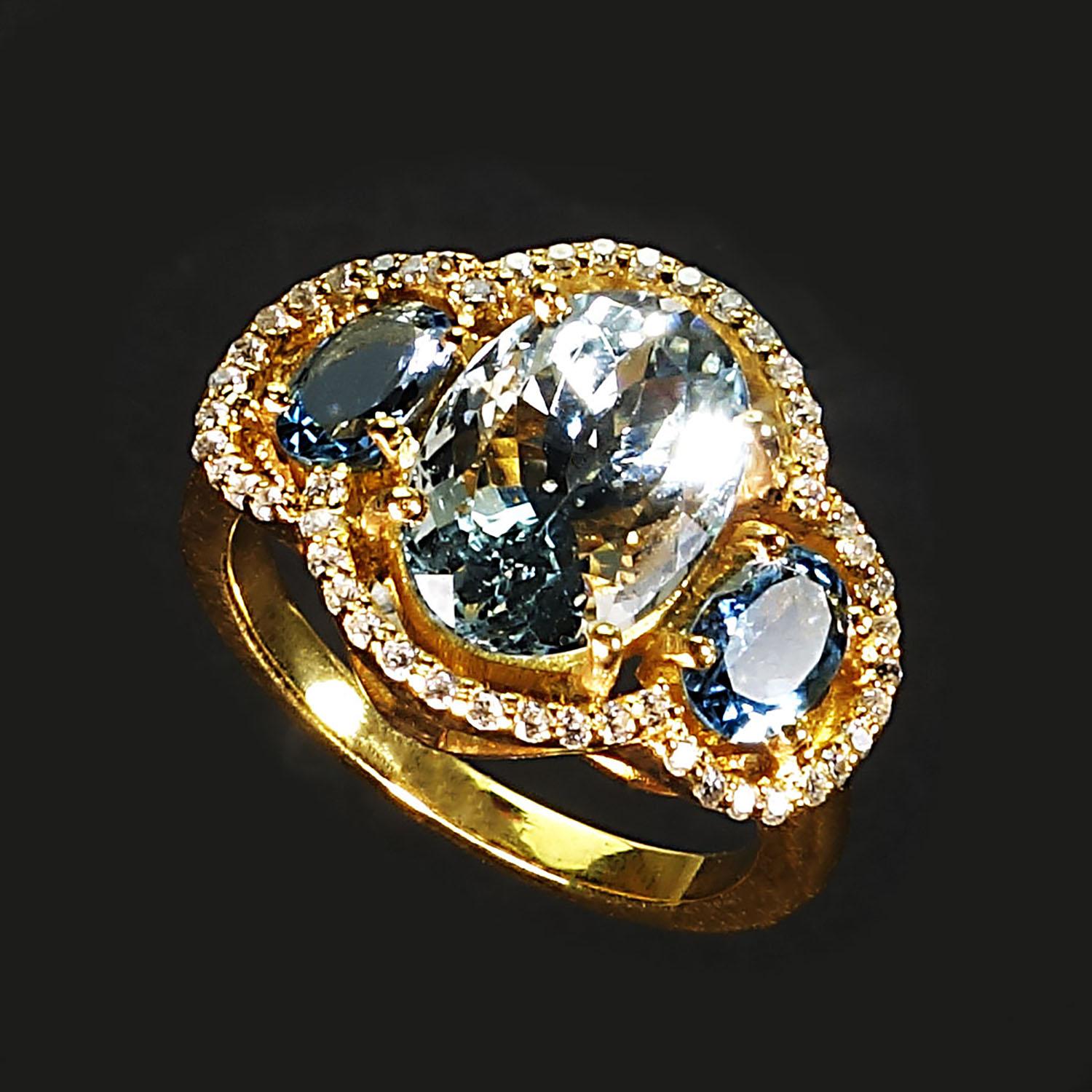 Gemjunky Sparkling Cocktail Ring of Three Aquamarines with Cambodian Zircon Halo 2