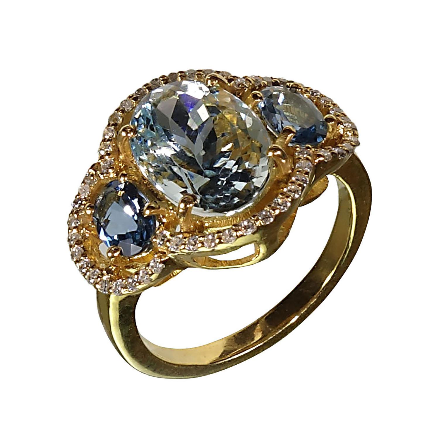 Gemjunky Sparkling Cocktail Ring of Three Aquamarines with Cambodian Zircon Halo 3