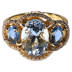 Gemjunky Sparkling Cocktail Ring of Three Aquamarines with Cambodian Zircon Halo
