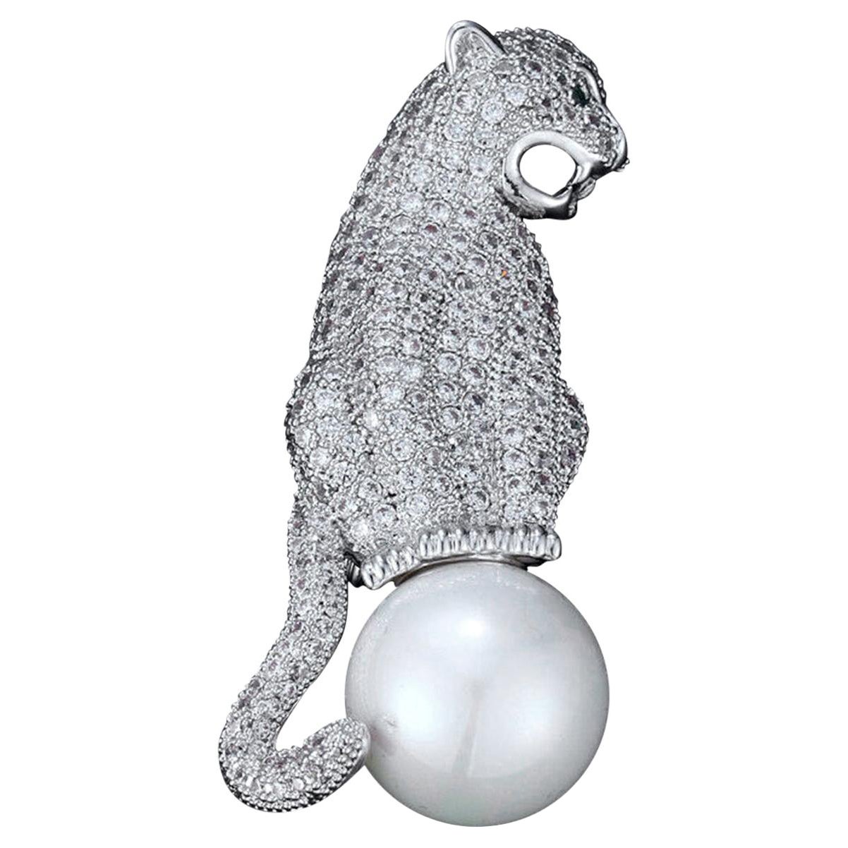 Funkelnde Kristall und Perle Panther Vintage Estate Brosche Pin