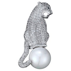 Sparkling Crystal and Pearl Panther Vintage Estate Brooch Pin