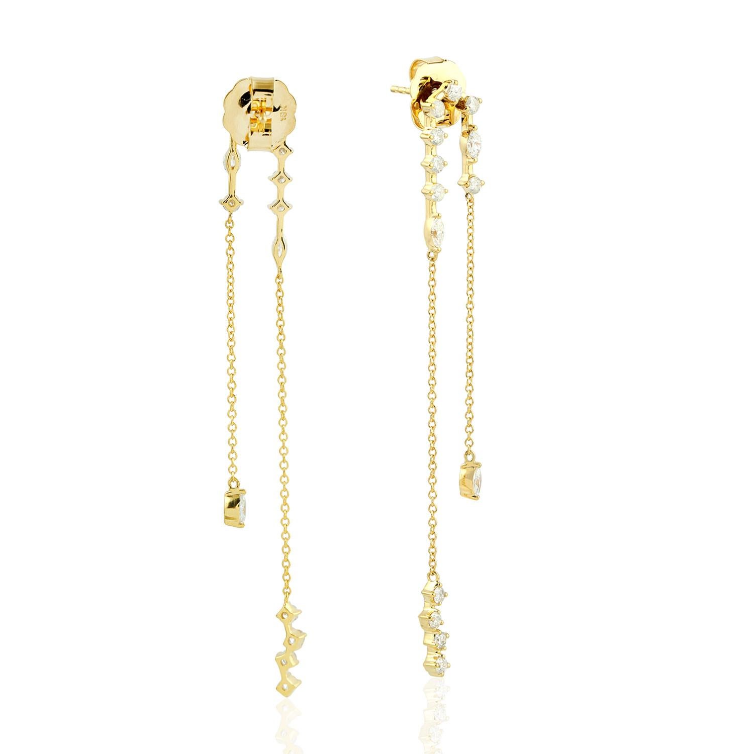 Artisan Sparkling Diamond Chandelier Chain Earrings Made In 18k Yellow Gold For Sale