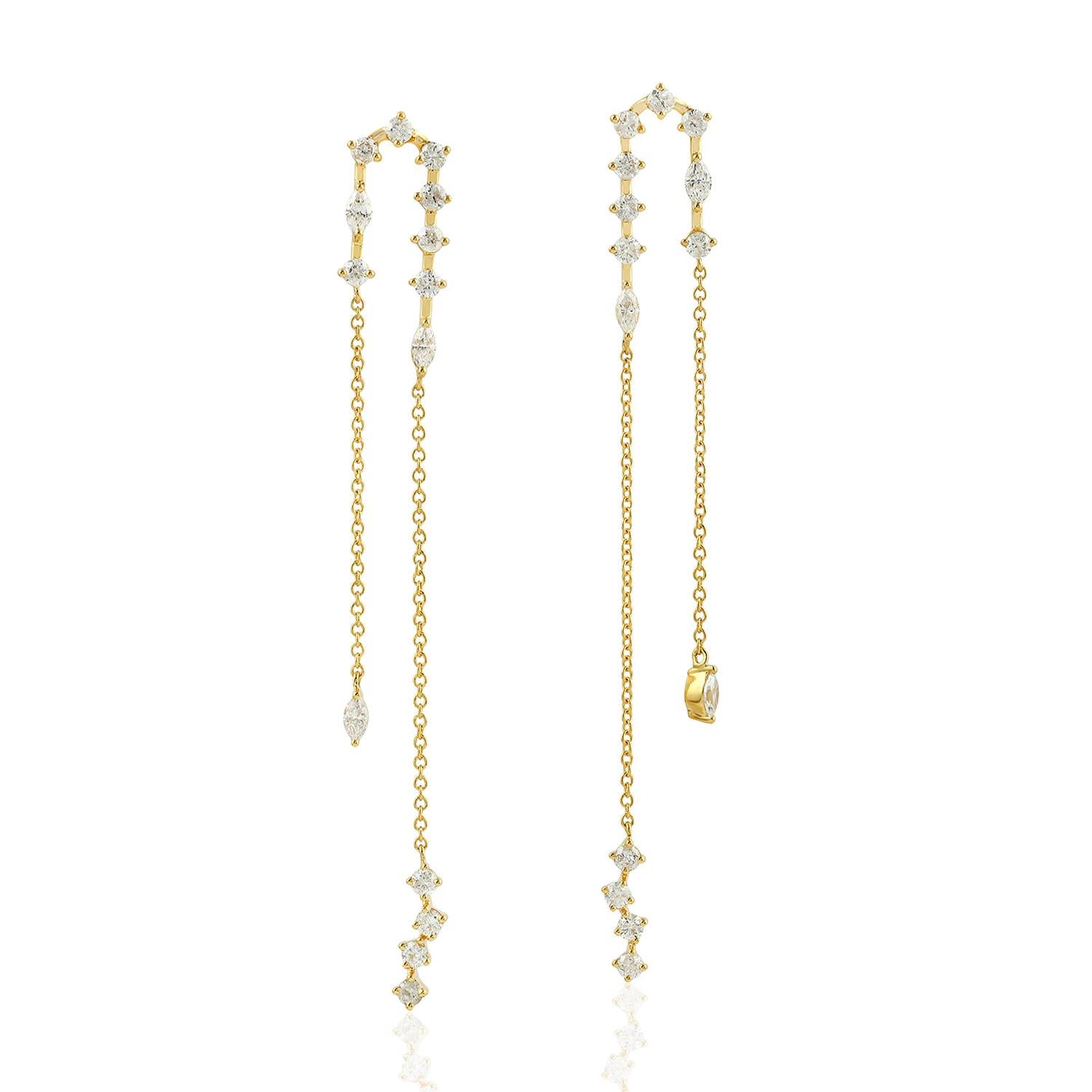 Mixed Cut Sparkling Diamond Chandelier Chain Earrings Made In 18k Yellow Gold For Sale