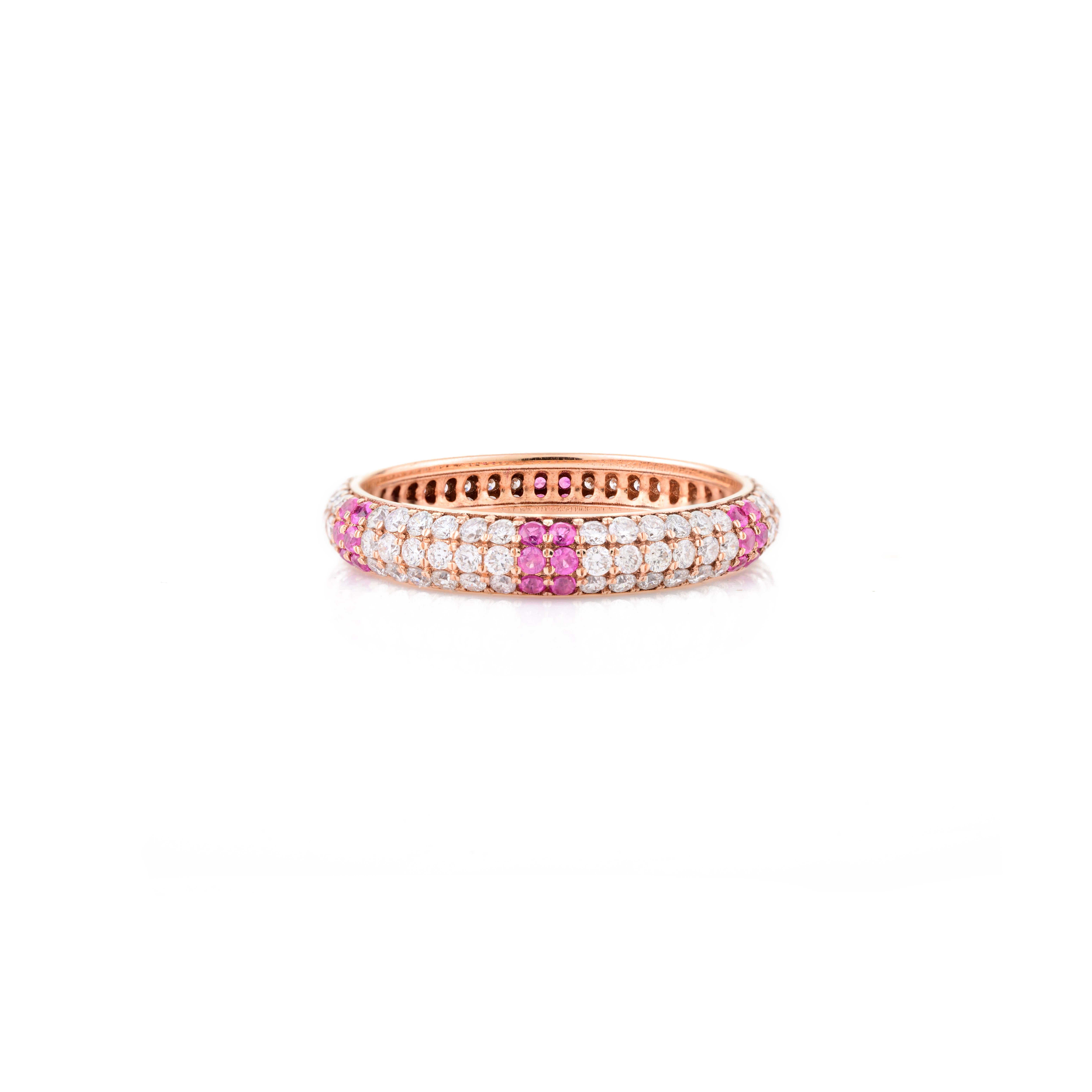 En vente :  Bague de fiançailles empilable en or rose massif 18k avec diamant étincelant et rubis 3