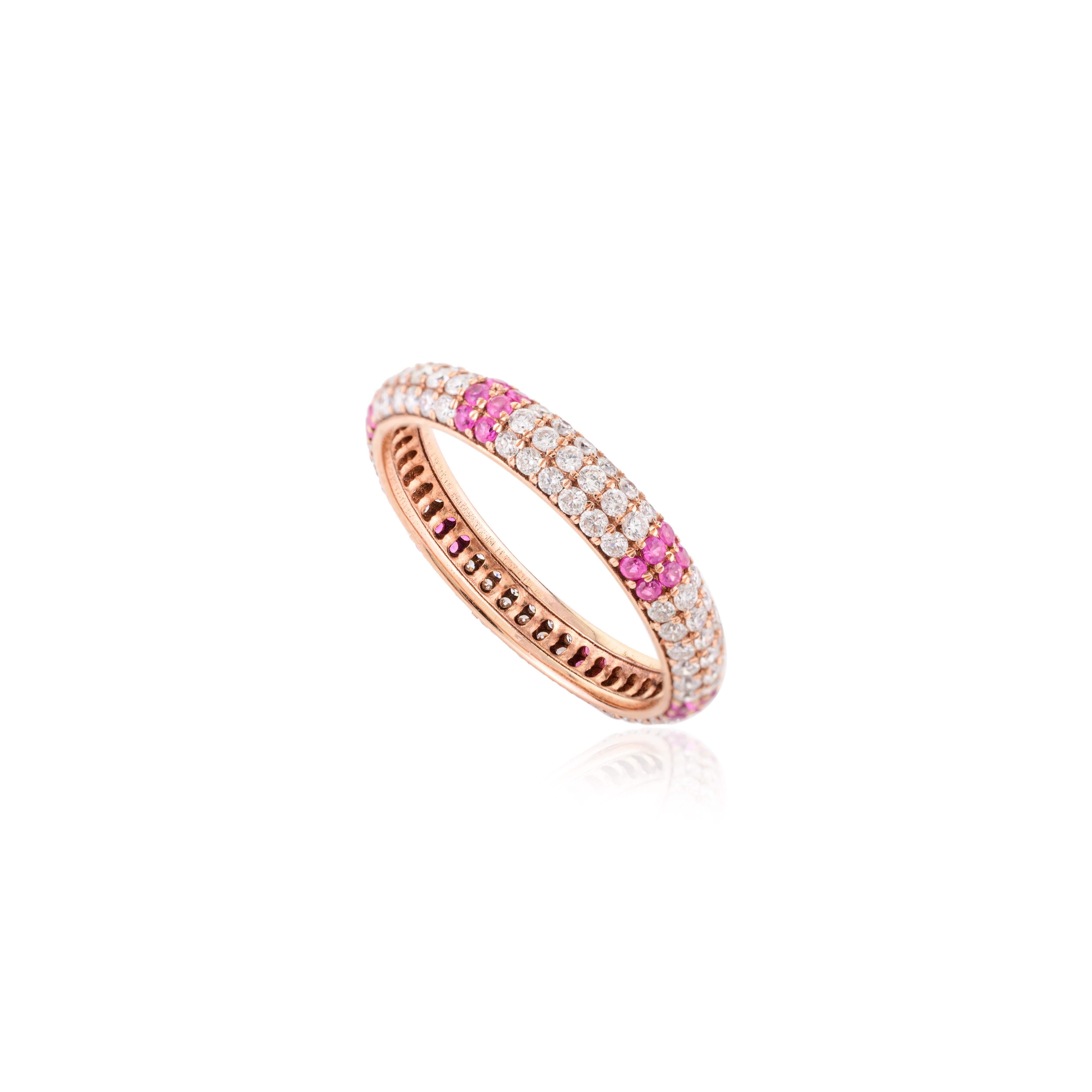 En vente :  Bague de fiançailles empilable en or rose massif 18k avec diamant étincelant et rubis 7
