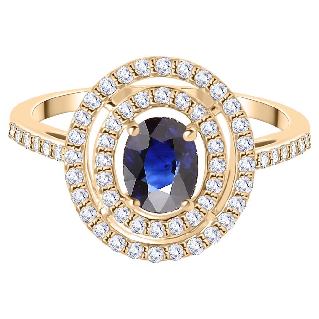 For Sale:  Sparkling Double Halo Diamond Blue Sapphire Engagement Ring in 14k Yellow Gold
