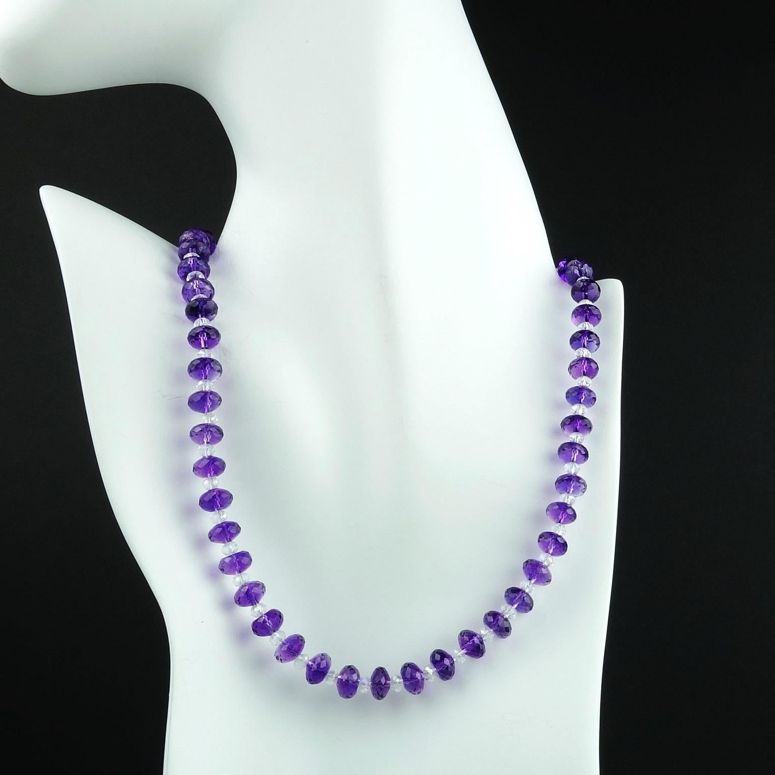 Sparkling Faceted Purple Amethyst Rondelle Necklace. This bright necklace features flashing purple Amethysts (8 MM) and alternating crystals (4 MM). It sparkles and dances in the light. You will love the color of the Amethysts and the play against