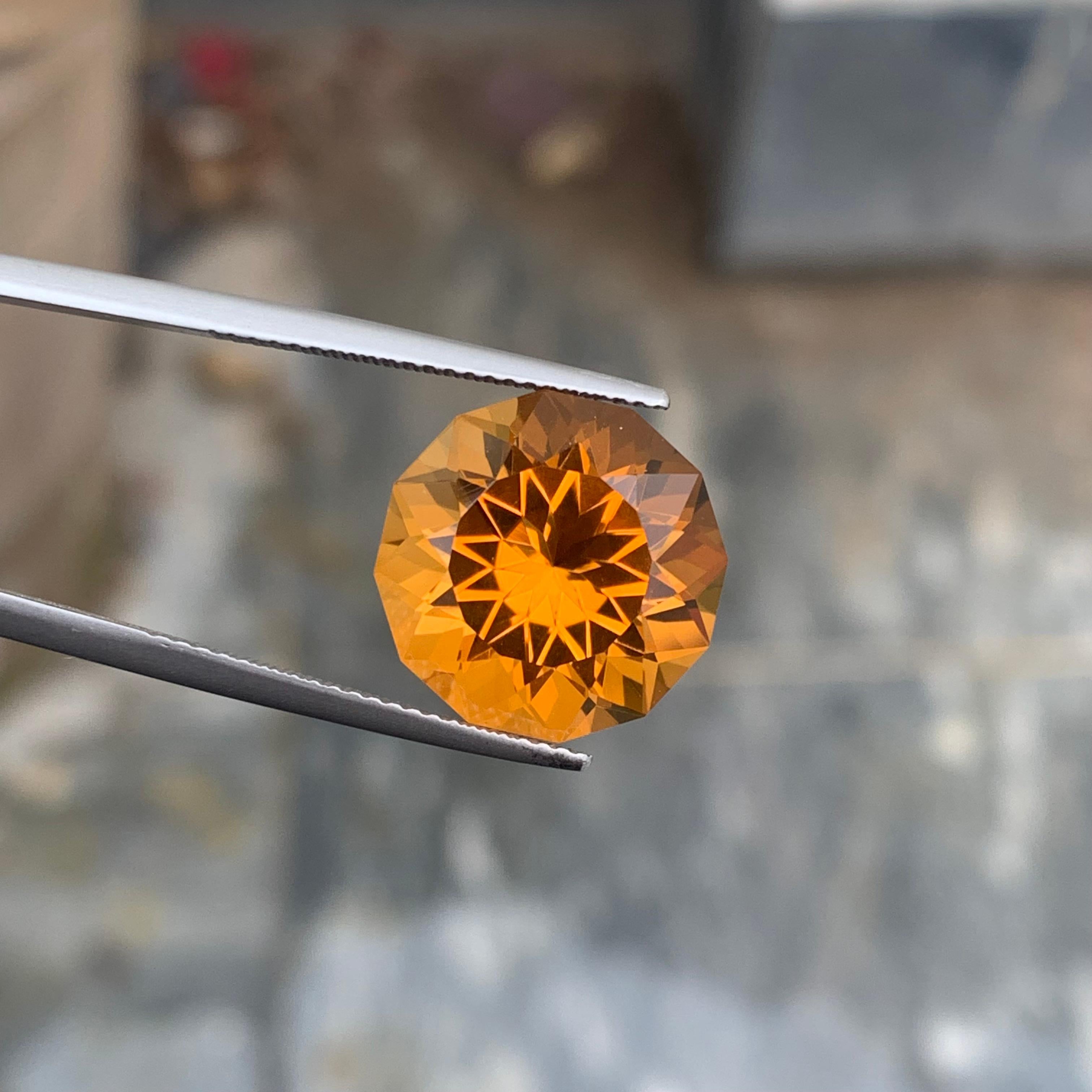 Faceted Mandarin Citrine
Weight : 10.55 Carats
Dimensions : 14.4x14.4x10.2 Mm
Clarity : Loupe Clean 
Origin : Brazil
Color: Orange 
Shape: Round
Certificate: On Demand
Month: November
.
The Many Healing Properties of Citrine
Increase Optimism, And