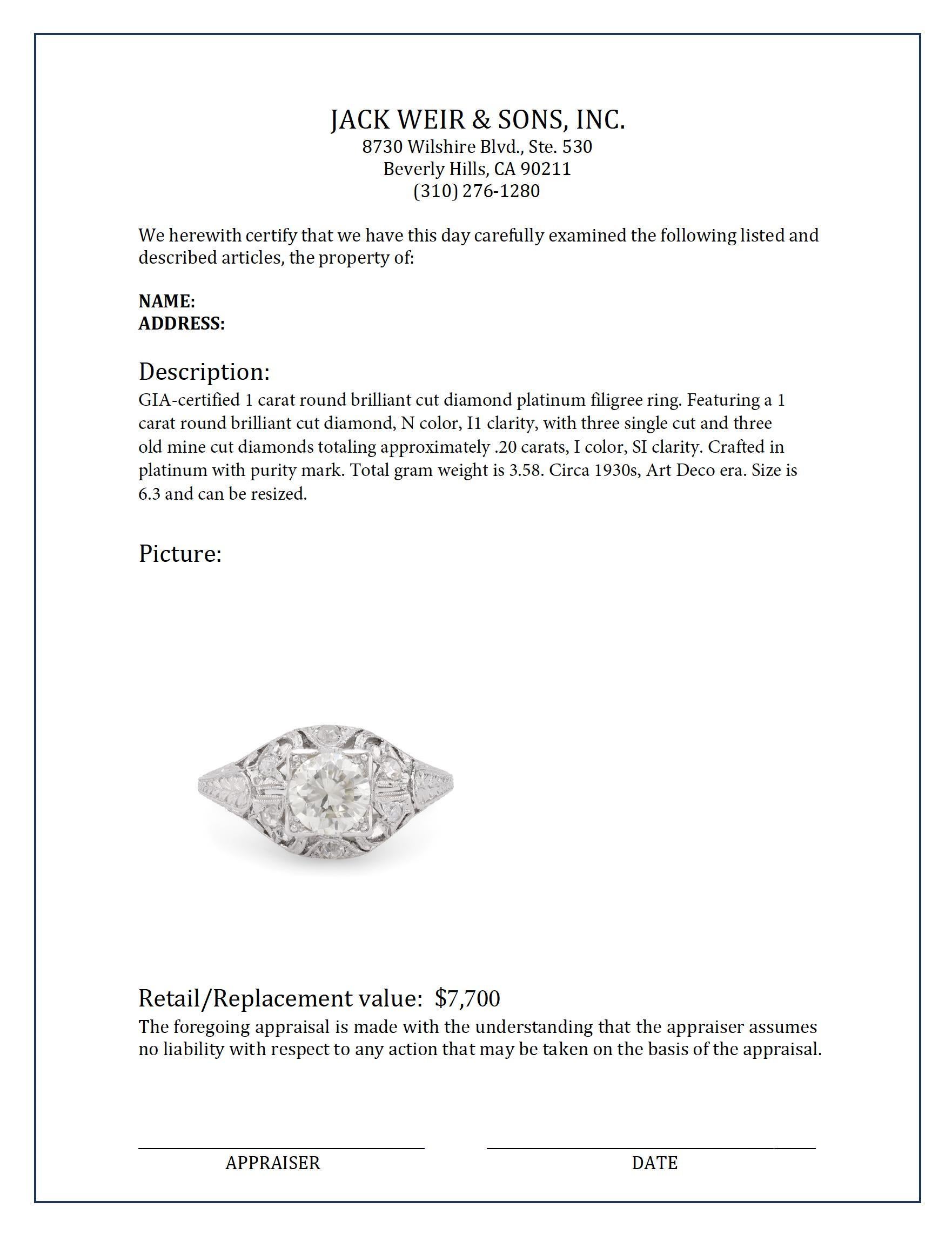Sparkling GIA 1 Karat runder Brillantschliff Diamant Platin filigraner Ring für Damen oder Herren