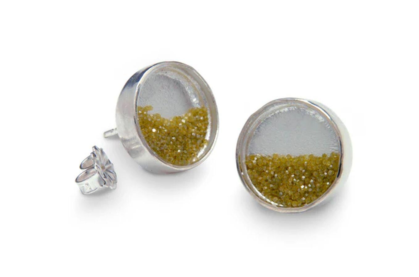 Simply Beautiful! Sparkling Golden Diamond Dust Sterling Silver Post Earrings. Each pair contains One Carat of Golden Diamonds that move freely inside an encased Custom-Made Mineral Crystal in Hand crafted Sterling Silver surround. Lightweight Super