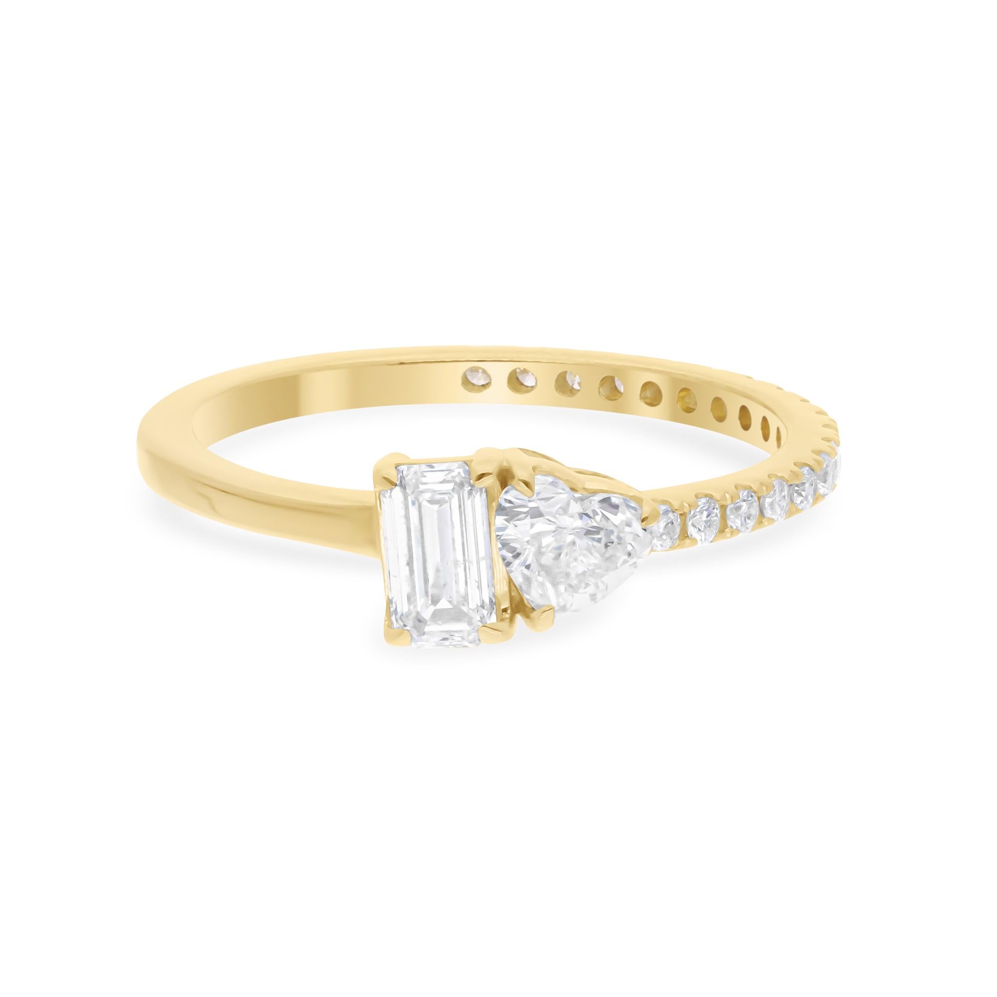 En vente :  Bague anniversaire cœur étincelant et baguette 0,79 ct de diamant naturel en or 14K 3