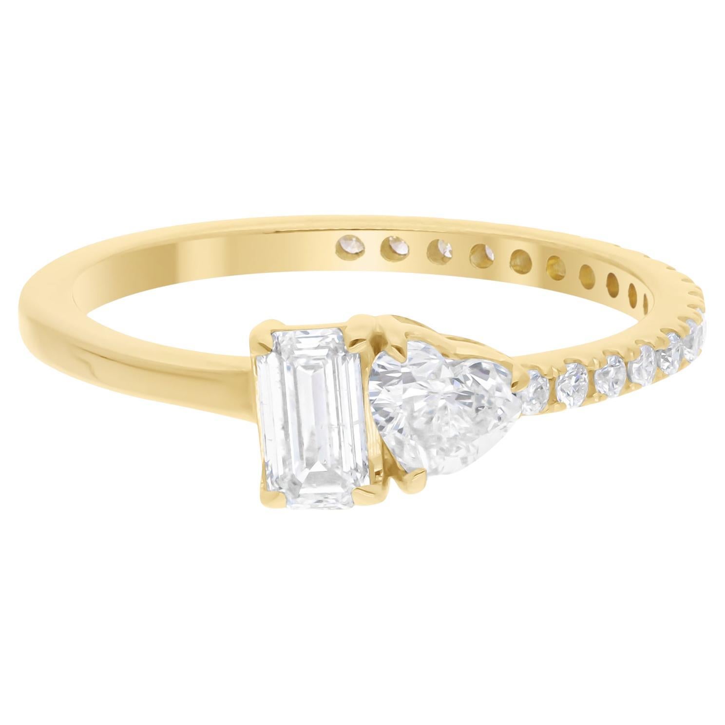 En vente :  Bague anniversaire cœur étincelant et baguette 0,79 ct de diamant naturel en or 14K