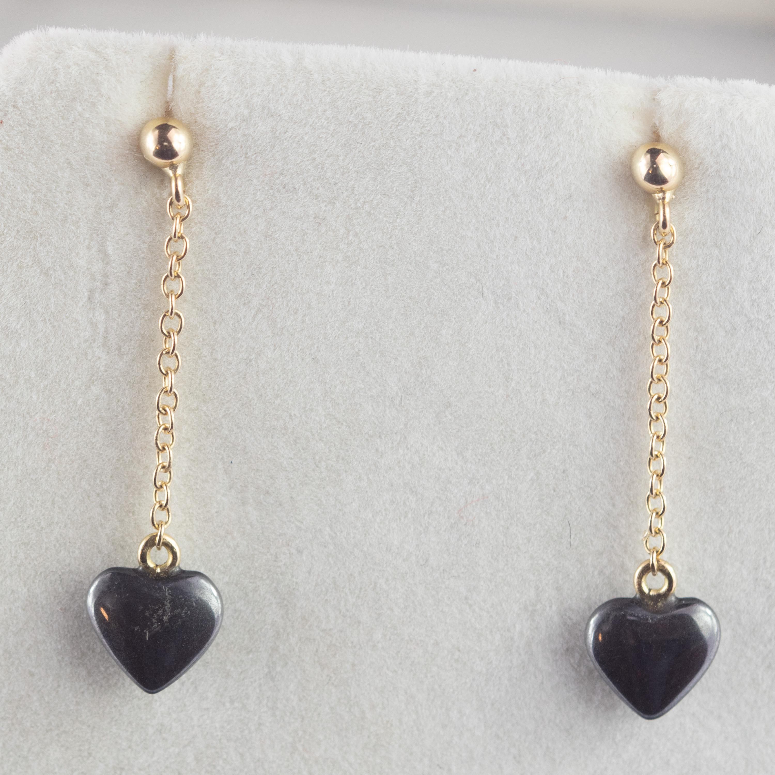 Romantic Sparkling Heart Hematite Yellow Gold Dangle Valentine's Day Drop Earrings For Sale