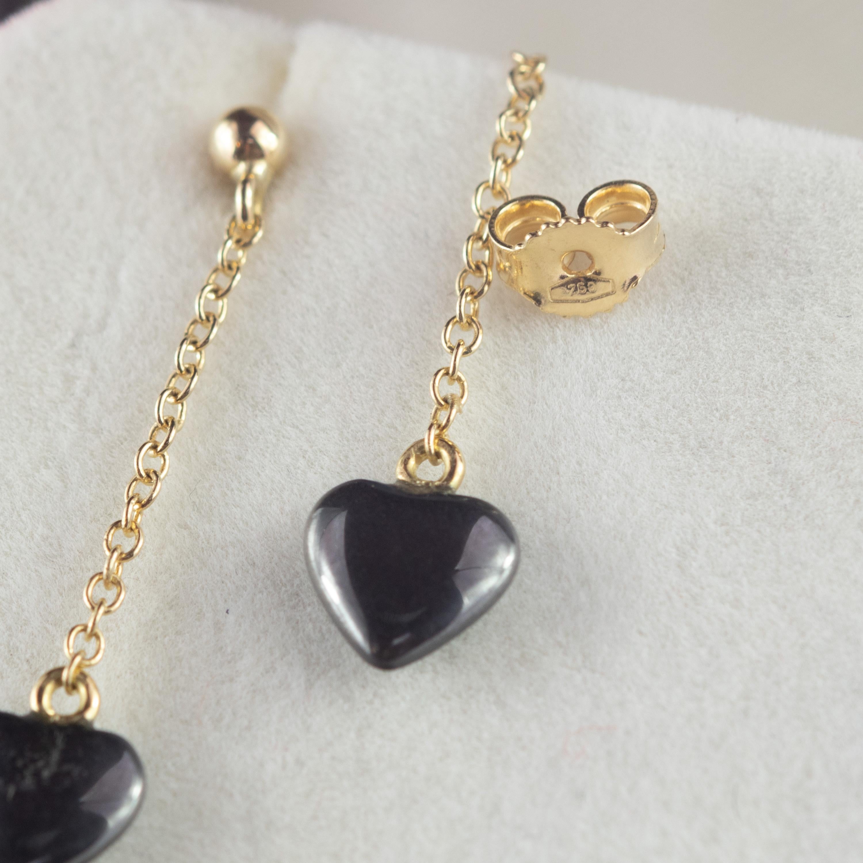 Heart Cut Sparkling Heart Hematite Yellow Gold Dangle Valentine's Day Drop Earrings For Sale