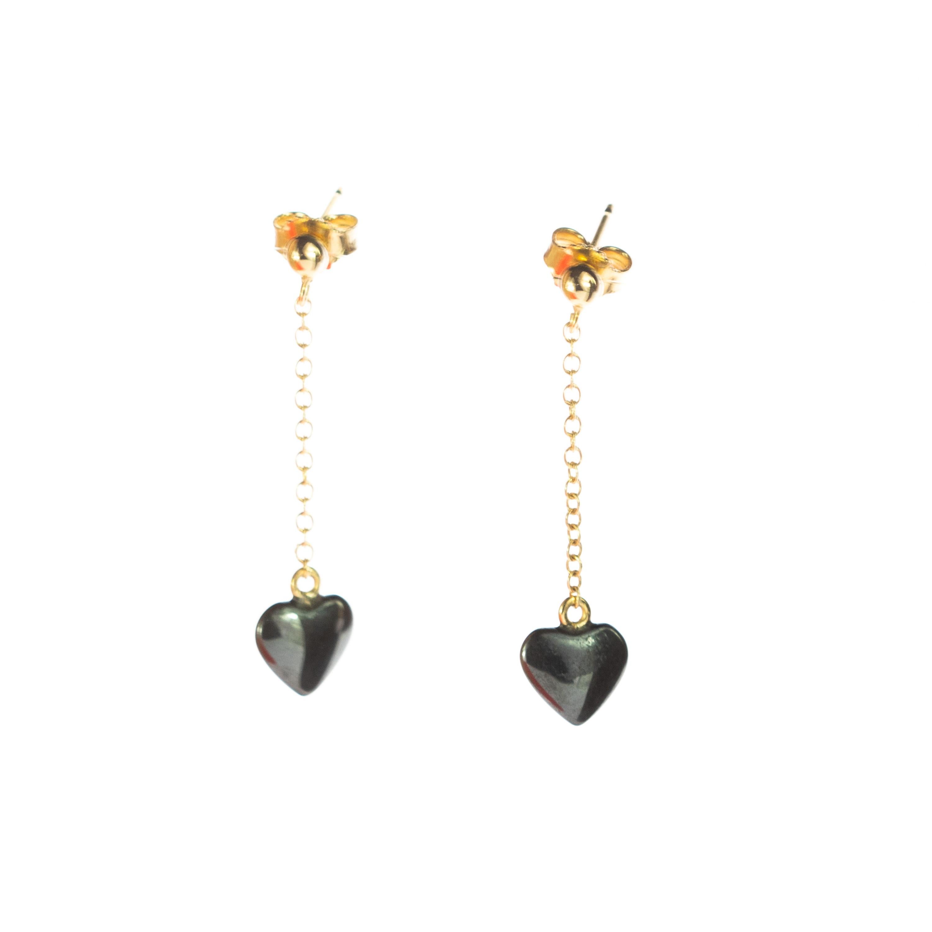 Sparkling Heart Hematite Yellow Gold Dangle Valentine's Day Drop Earrings For Sale 1