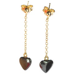 Sparkling Heart Hematite Yellow Gold Dangle Valentine's Day Drop Earrings