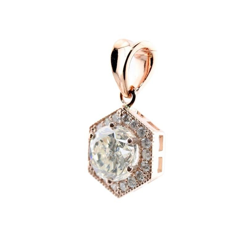Round Cut Sparkling Hexagon 1.23ctw Diamond Pendant Necklace in 14K Rose Gold For Sale