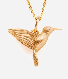 Sparkling Hummingbird 14K Yellow Gold Diamond Pendant Necklace