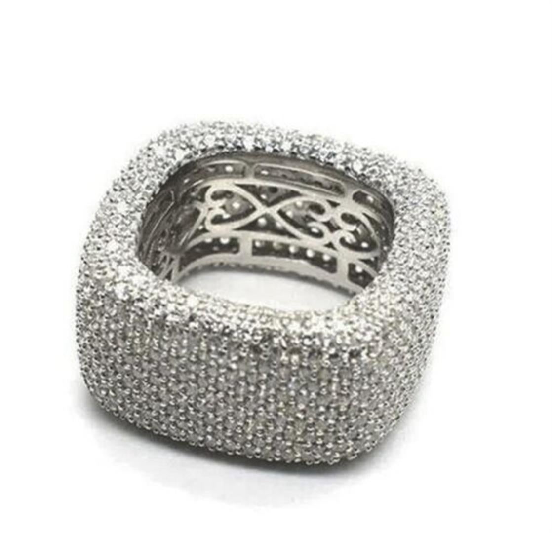 Simply Beautiful! Outstanding Vintage Band Ring Pave set overall with 450 Glistening  Ice CZ Cubic Zirconium Crystals. Beautifully crafted square mounting in Sterling Silver. Ring Size 8. More Beautiful in real time! Classic and Chic…Sure to be