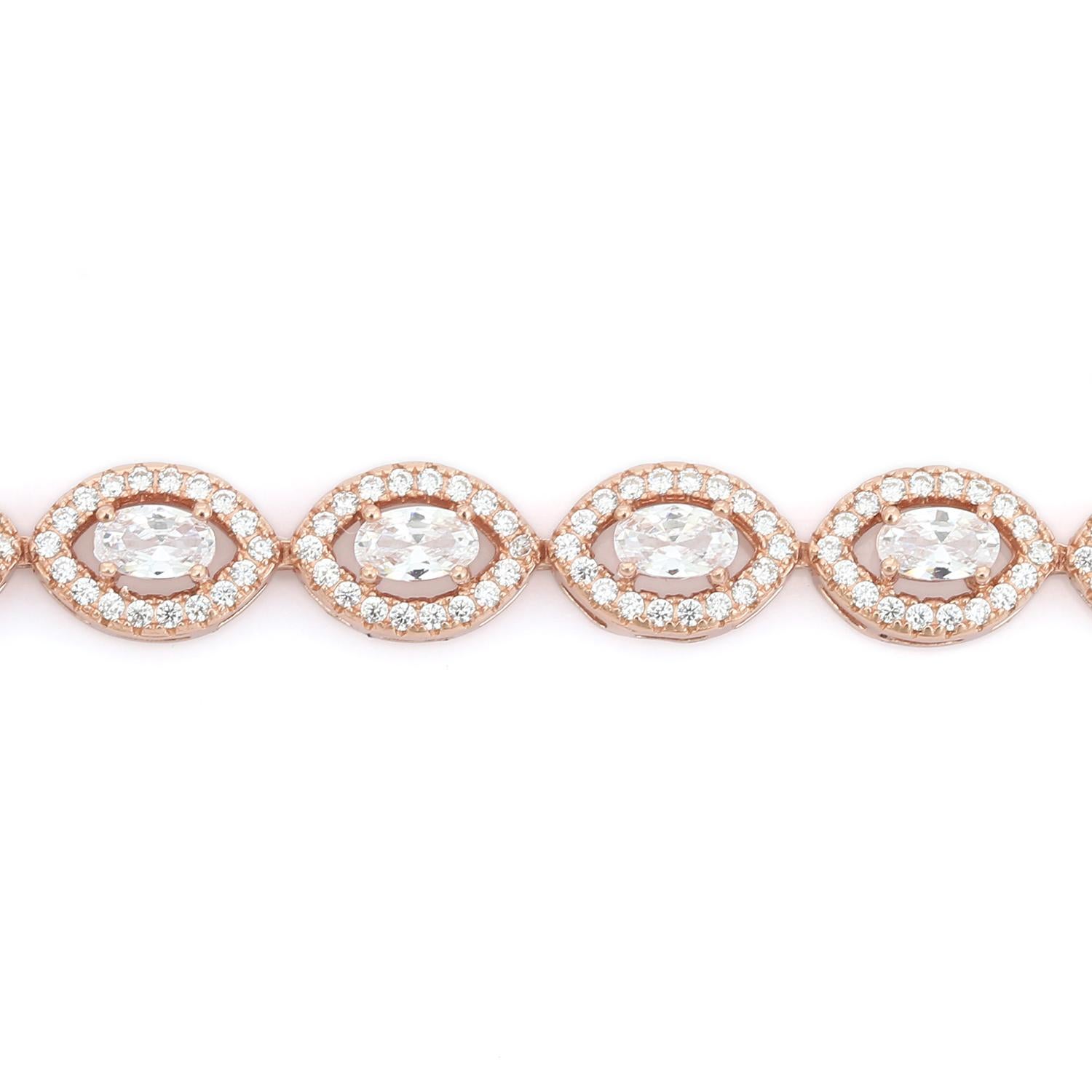 Art Nouveau Sparkling Oval Cut Rose Gold Plated Zirconia Tennis Bracelet for Mom in Silver For Sale