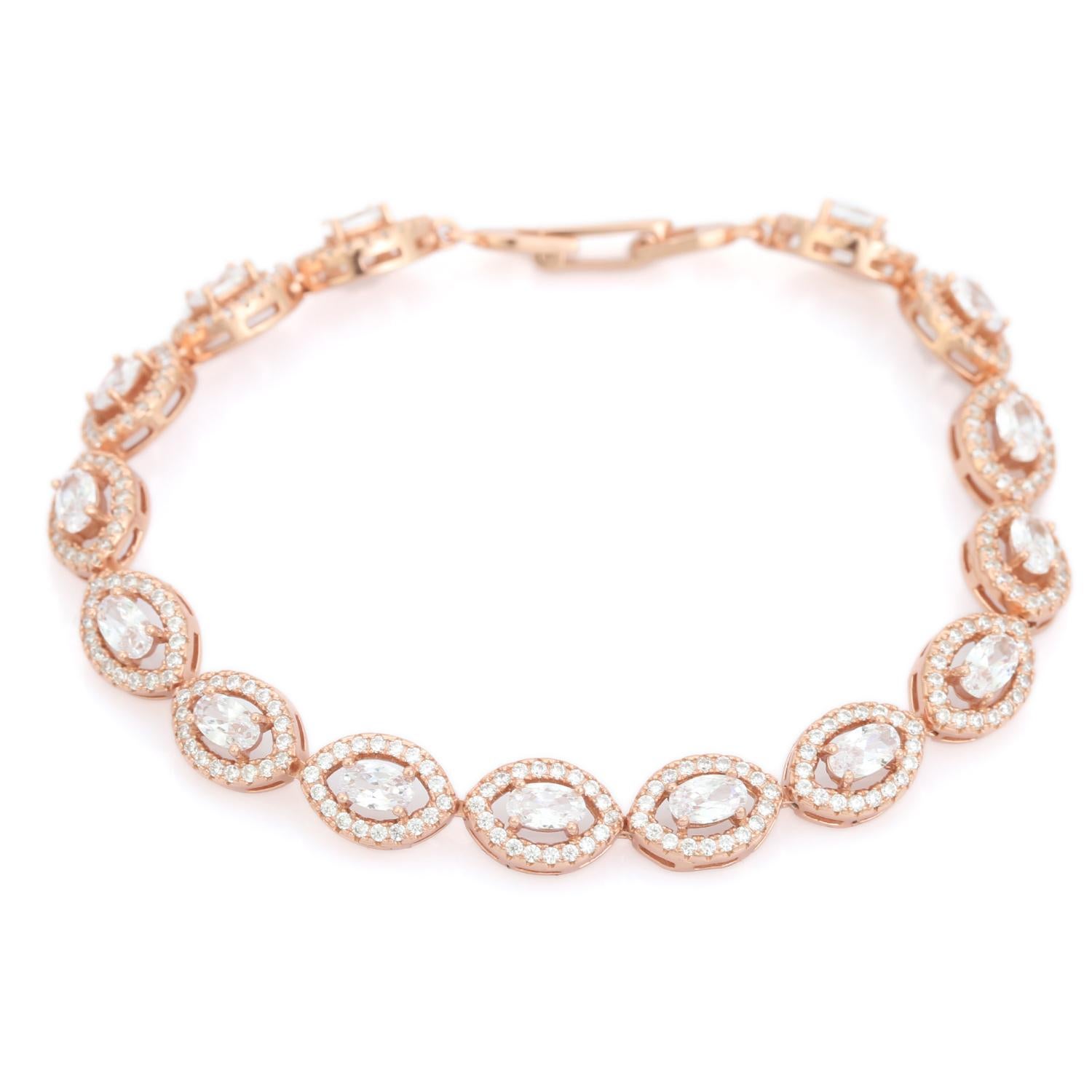 Women's Sparkling Oval Cut Rose Gold Plated Zirconia Tennis Bracelet for Mom in Silver For Sale