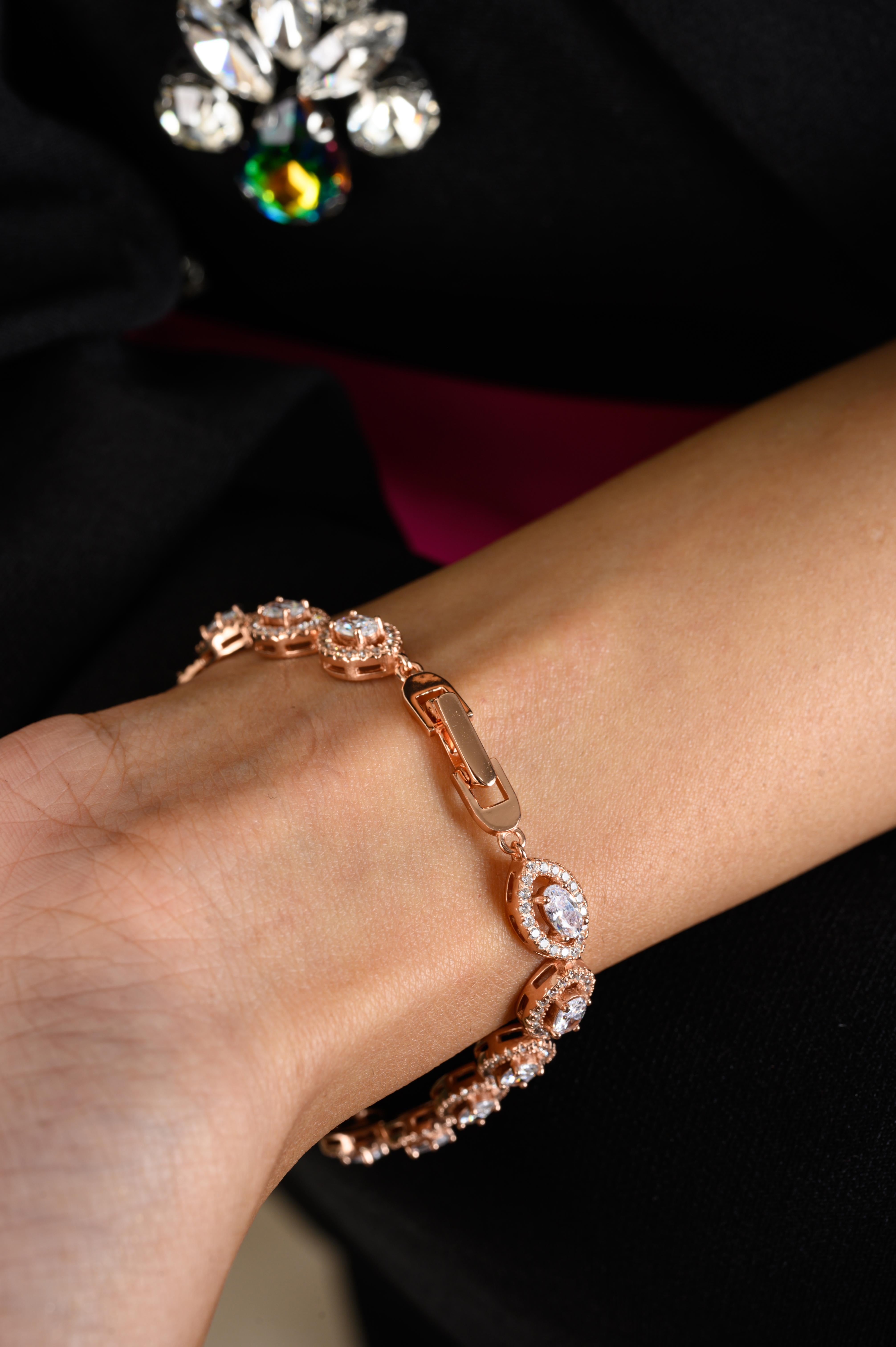 Sparkling Oval Cut Rose Gold Plated Zirconia Tennis Bracelet for Mom in Silver For Sale 2