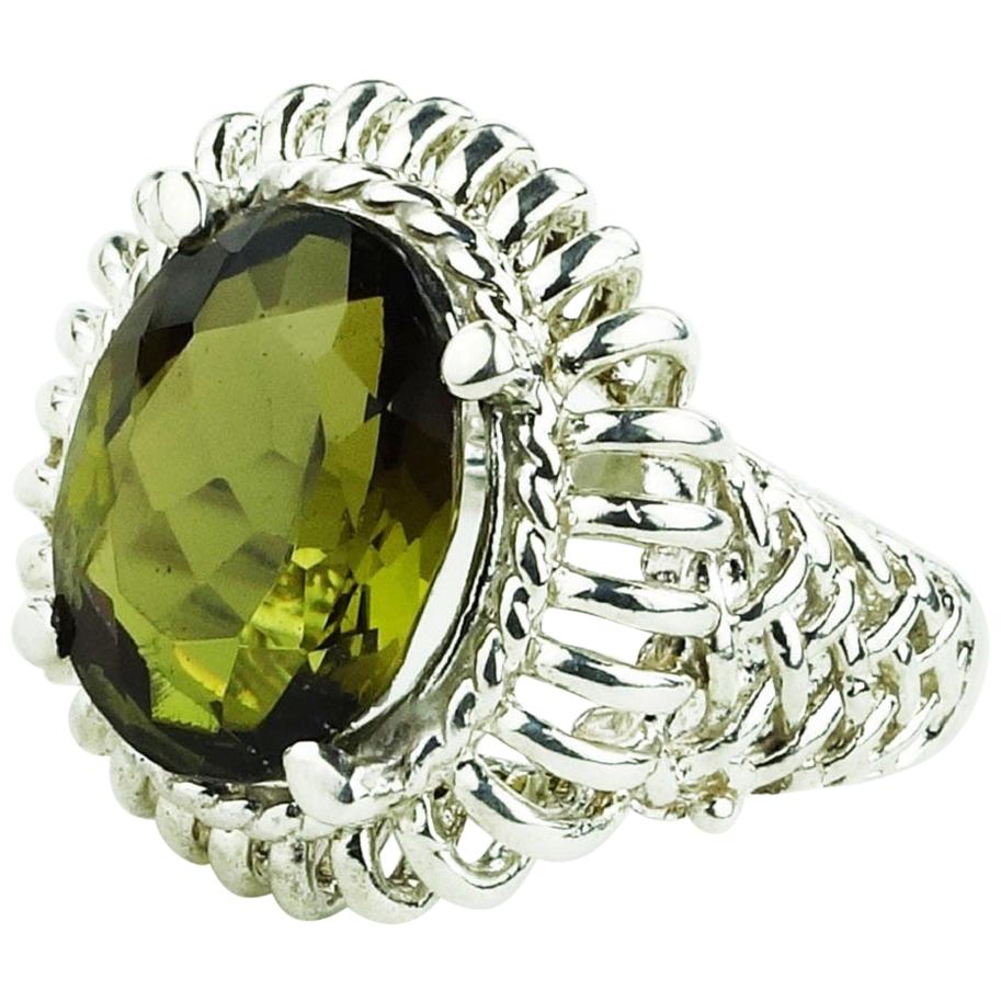 Sparkling Oval Green/Brown Andalusite Set in Ornate Sterling Silver Ring