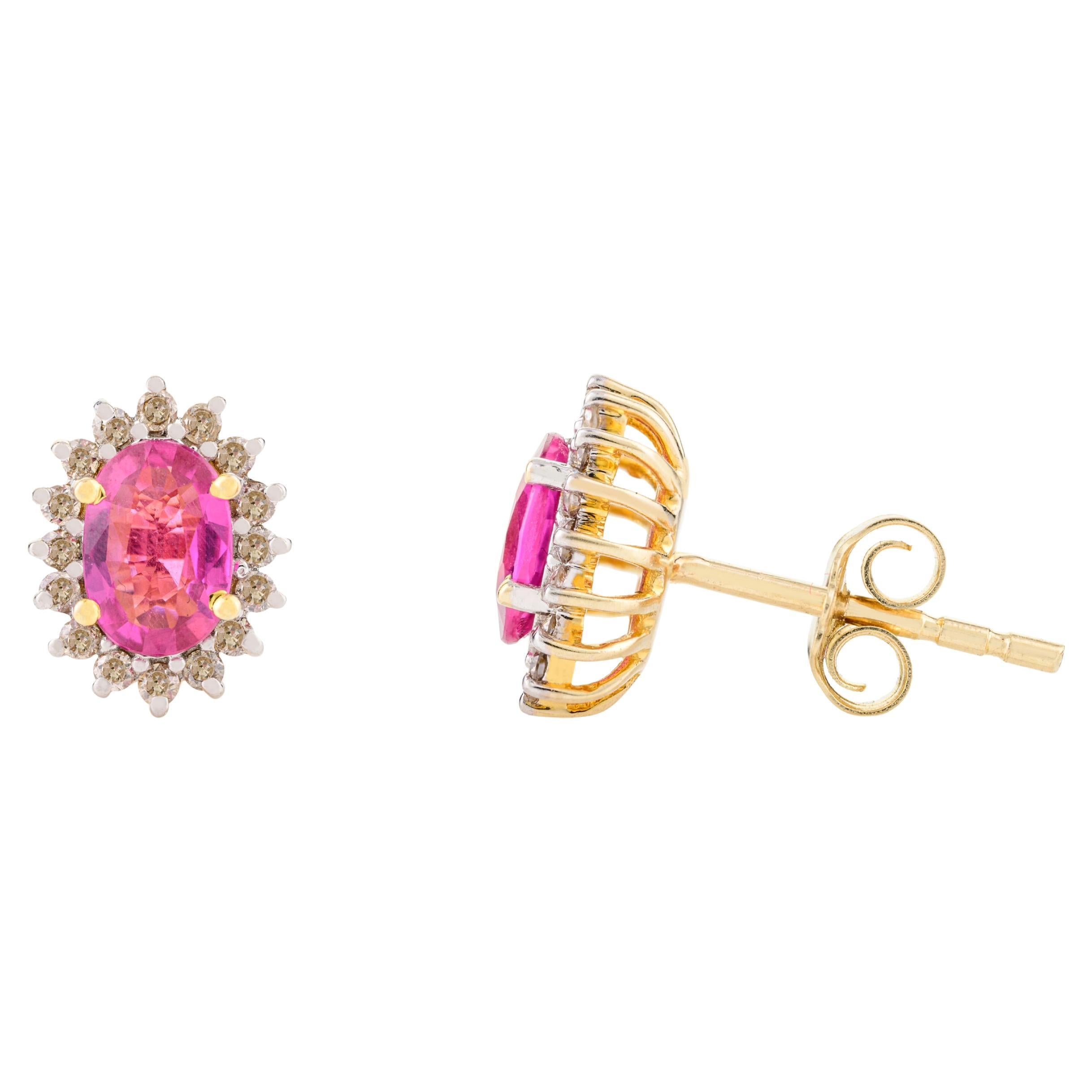 Sparkling Oval Ruby Diamond Halo Stud Earrings Gift in 14k Solid Yellow Gold