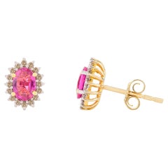 Sparkling Oval Ruby Diamond Halo Stud Earrings Gift in 14k Solid Yellow Gold