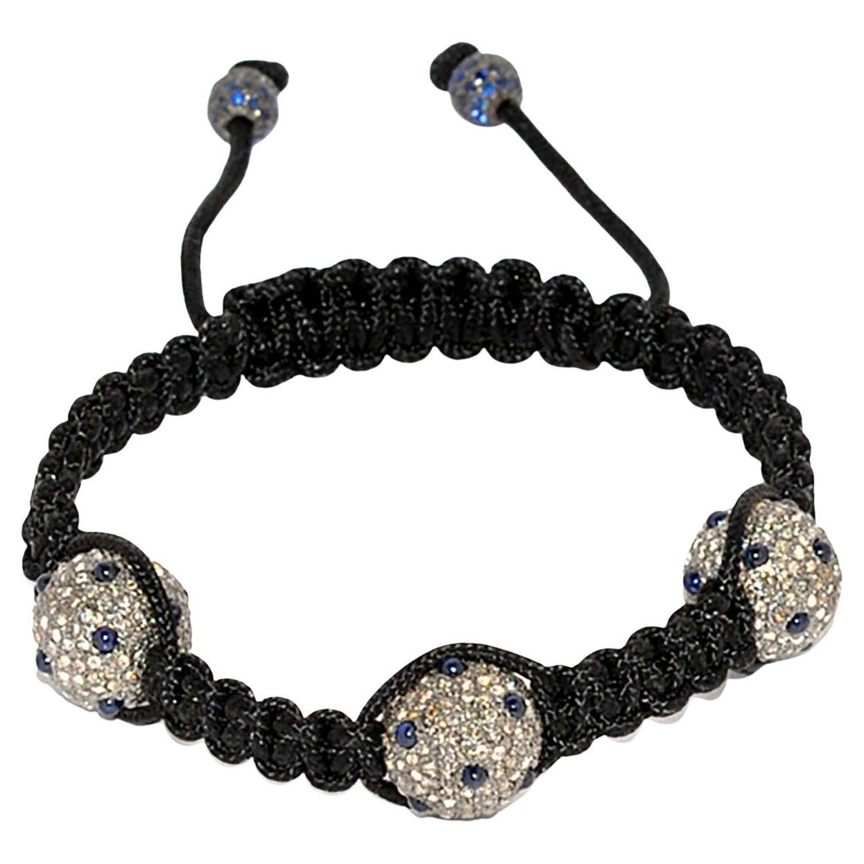 Sparkling Pavé Disco Ball Macramé Adjustable Bracelet with Blue Sapphire For Sale