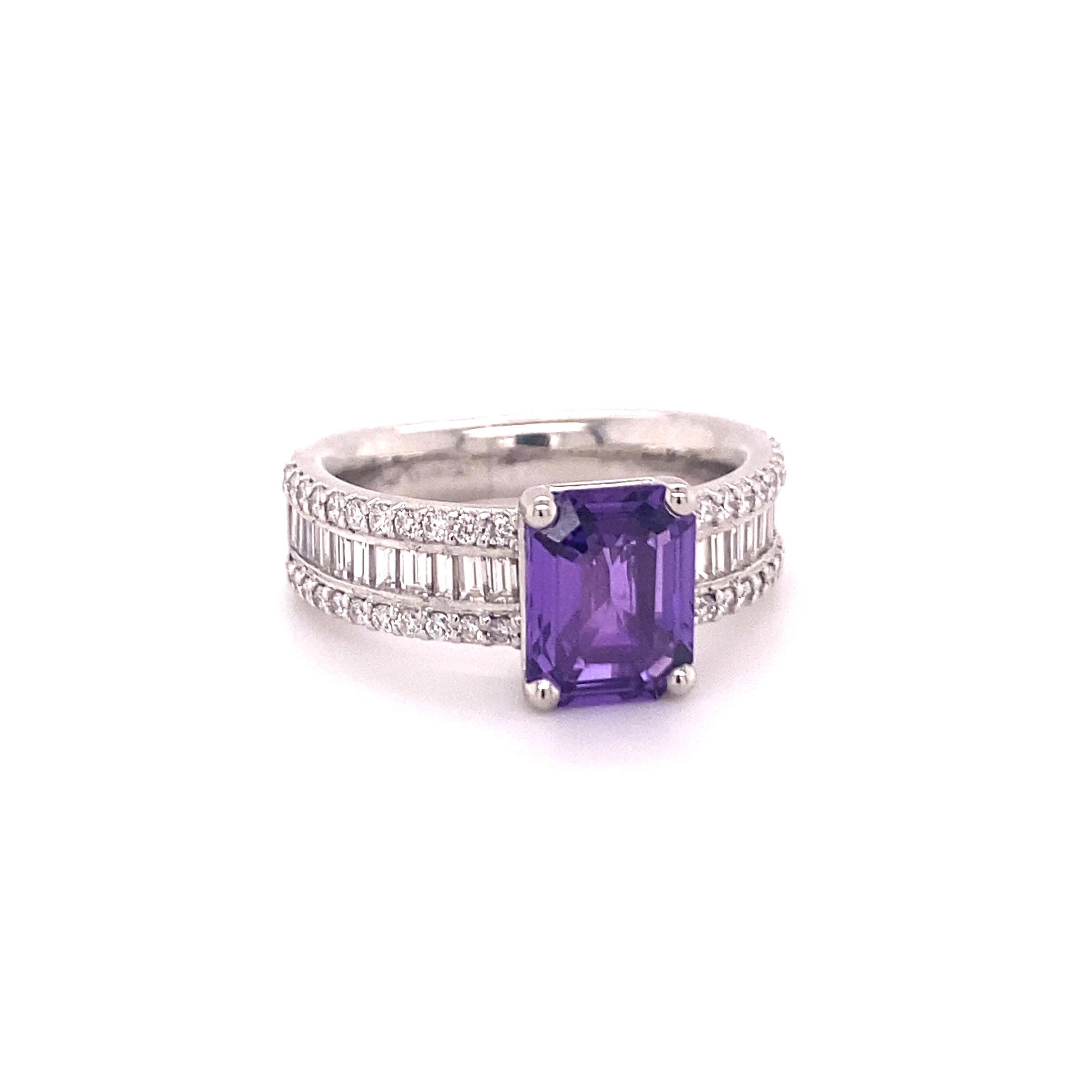 Modern Sparkling Purple Sapphire Ring with Diamonds Set in Platinum 950 For Sale