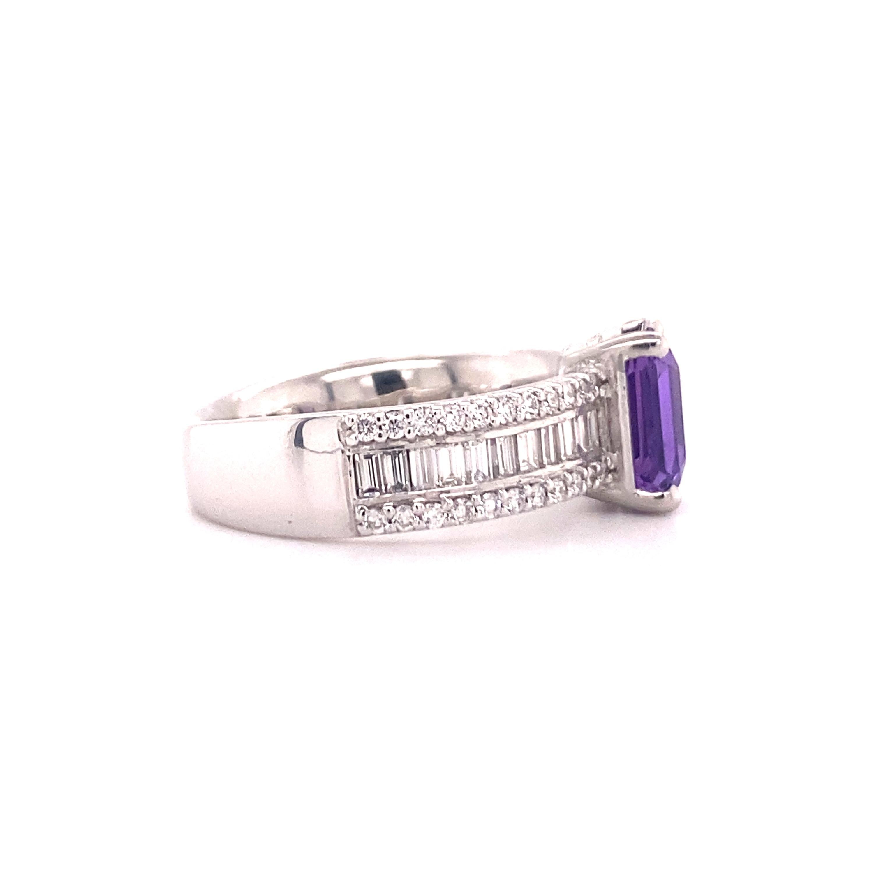 Emerald Cut Sparkling Purple Sapphire Ring with Diamonds Set in Platinum 950 For Sale