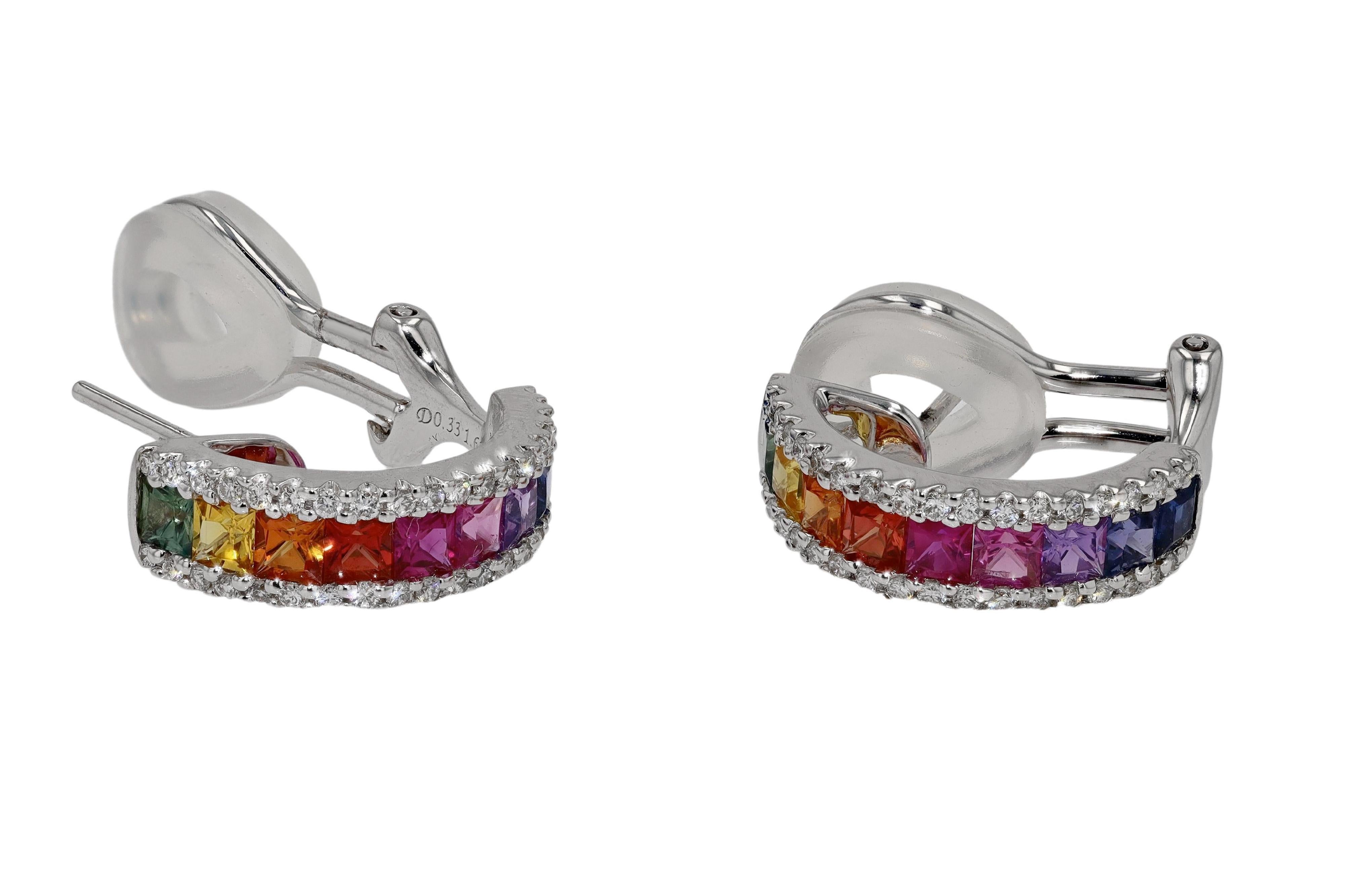 Princess Cut Sparkling Rainbow Sapphire Multi Color Earrings For Sale