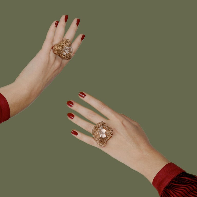 Sparkling Rock Crystal Artist Statement Cocktail Ring in 14 K Yellow