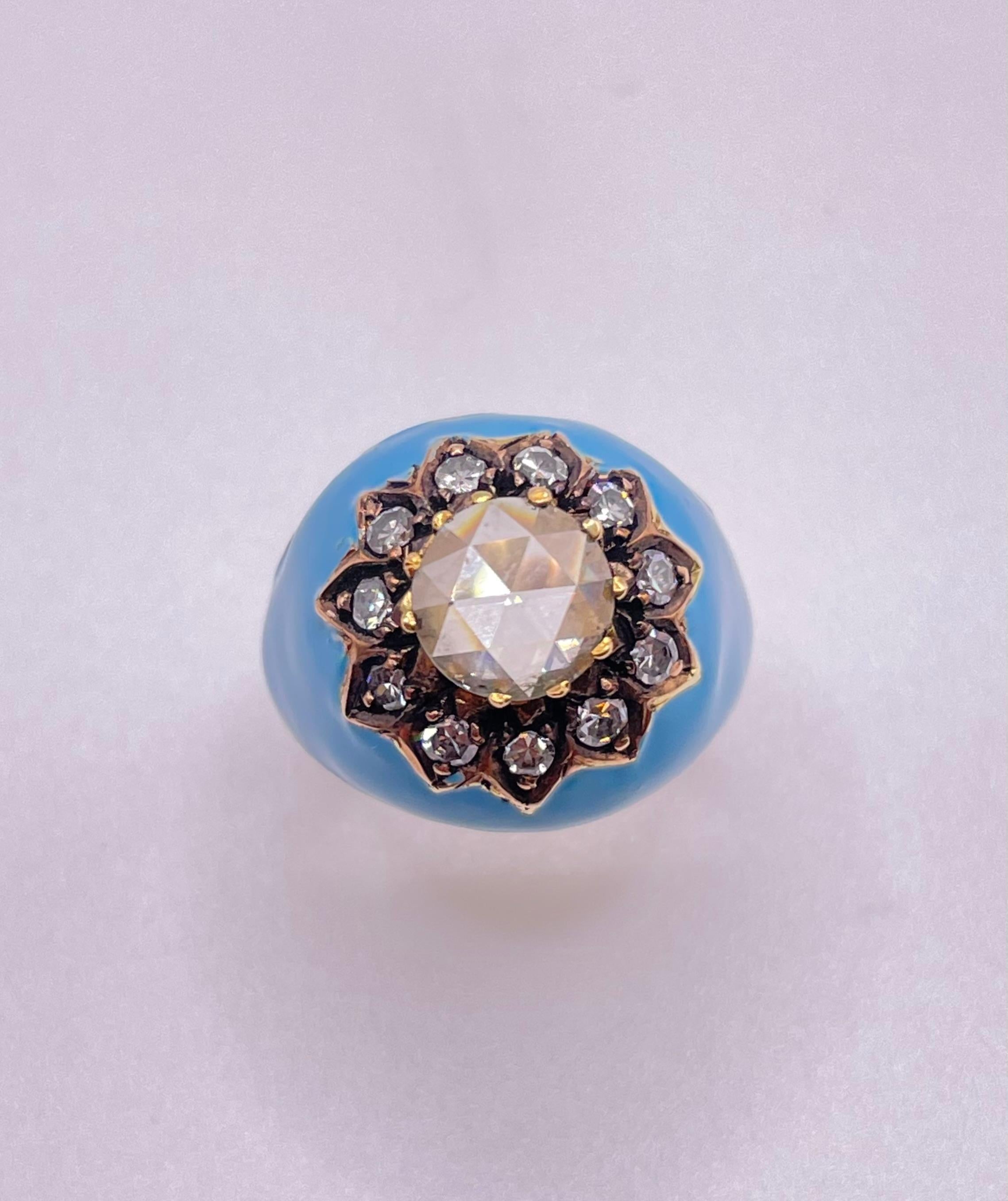 Sparkling Rose Cut Diamond Ring with Blue Enamel In Excellent Condition In Firenze, FI