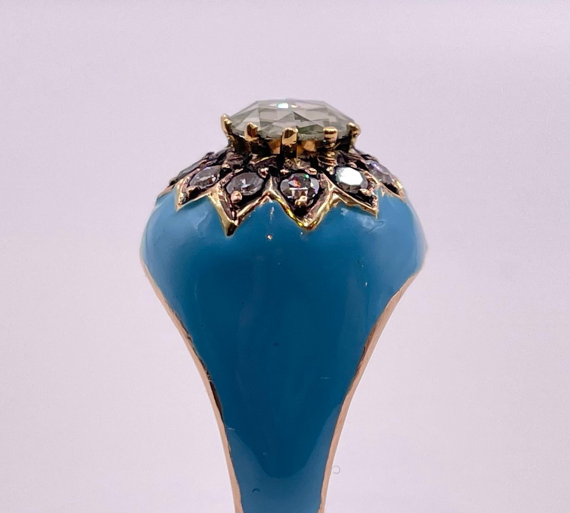 Women's or Men's Sparkling Rose Cut Diamond Ring with Blue Enamel