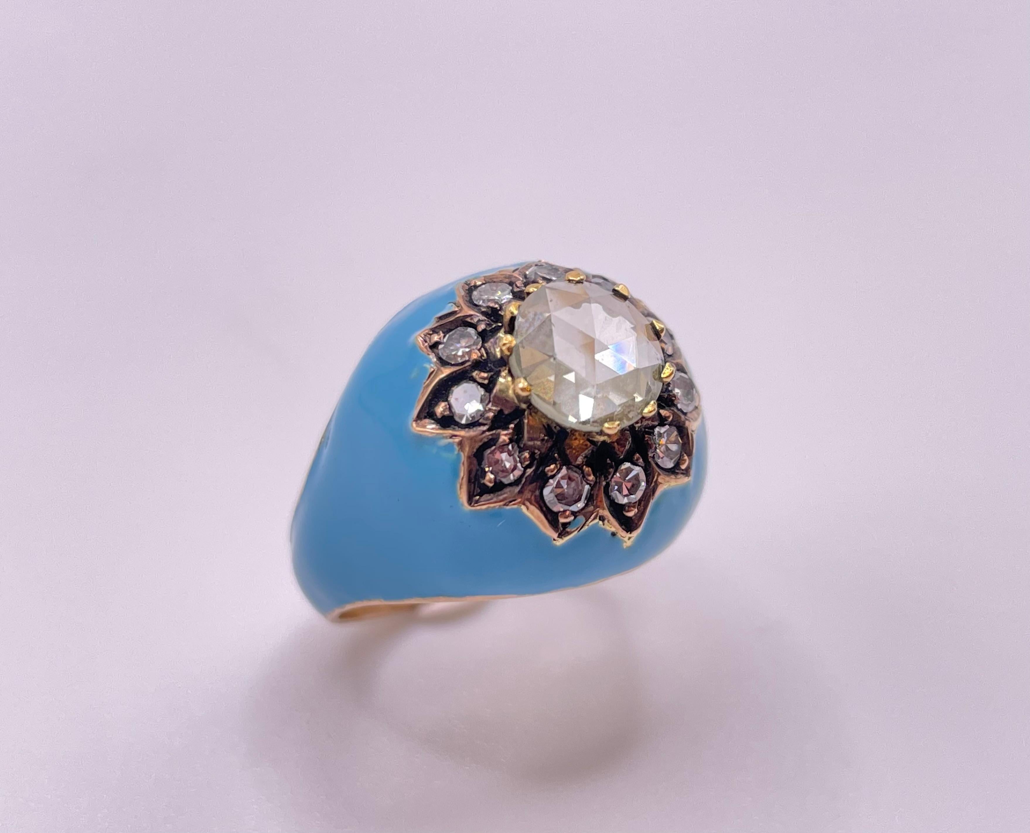 Sparkling Rose Cut Diamond Ring with Blue Enamel 1