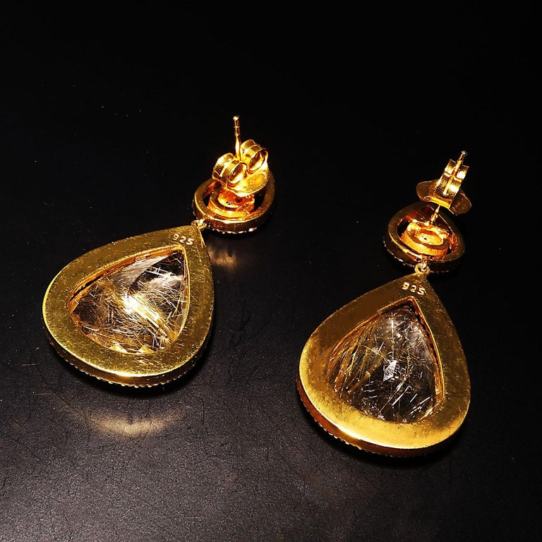 Sparkling Rutilated Quartz and Zircon Swinging Dangle Earrings For Sale