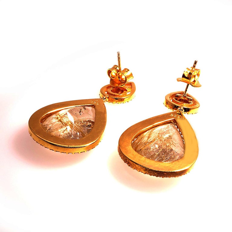 Sparkling Rutilated Quartz and Zircon Swinging Dangle Earrings For Sale