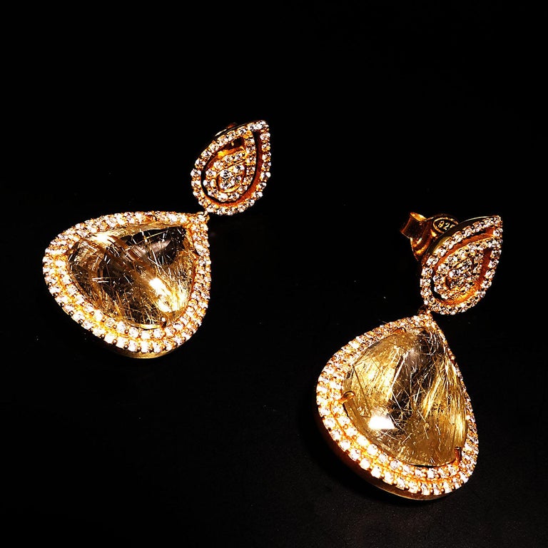 Sparkling Rutilated Quartz and Zircon Swinging Dangle Earrings For Sale