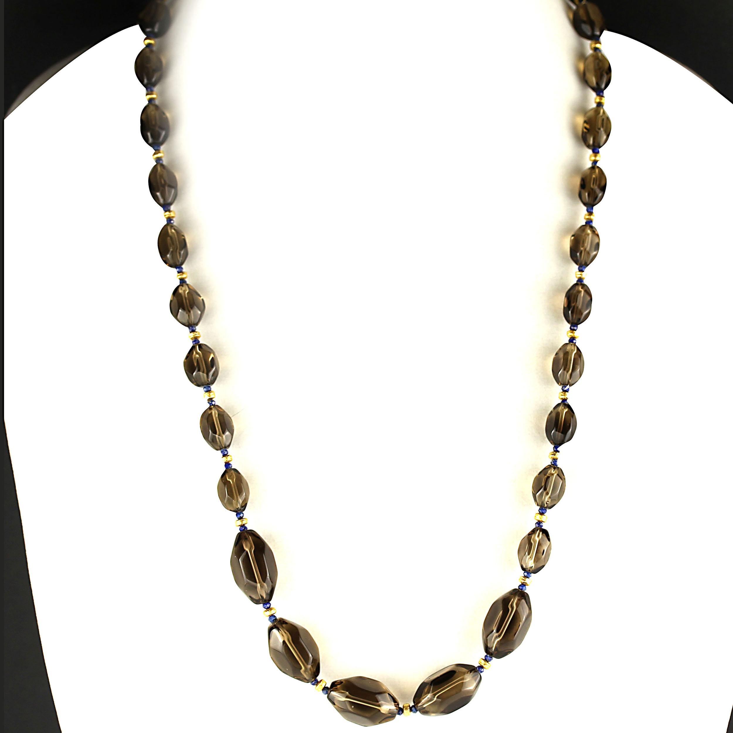 AJD 28 Inch Sparkling Smoky Quartz Nuggets with Lapis and Goldy Accents Necklace In New Condition In Raleigh, NC