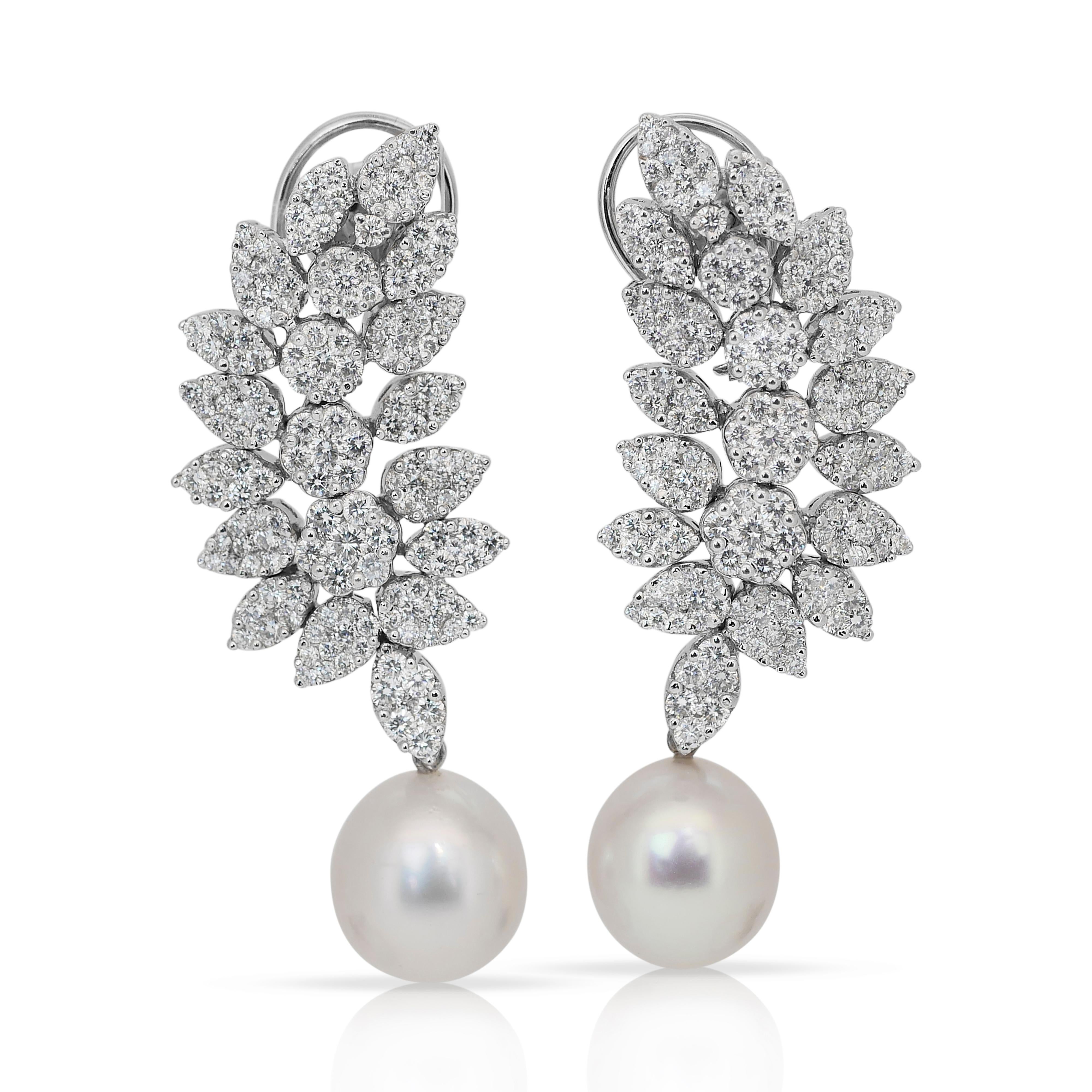 Round Cut Sparkling South Sea Cultured Pearls and Diamonds Earrings in 18k White Gold For Sale