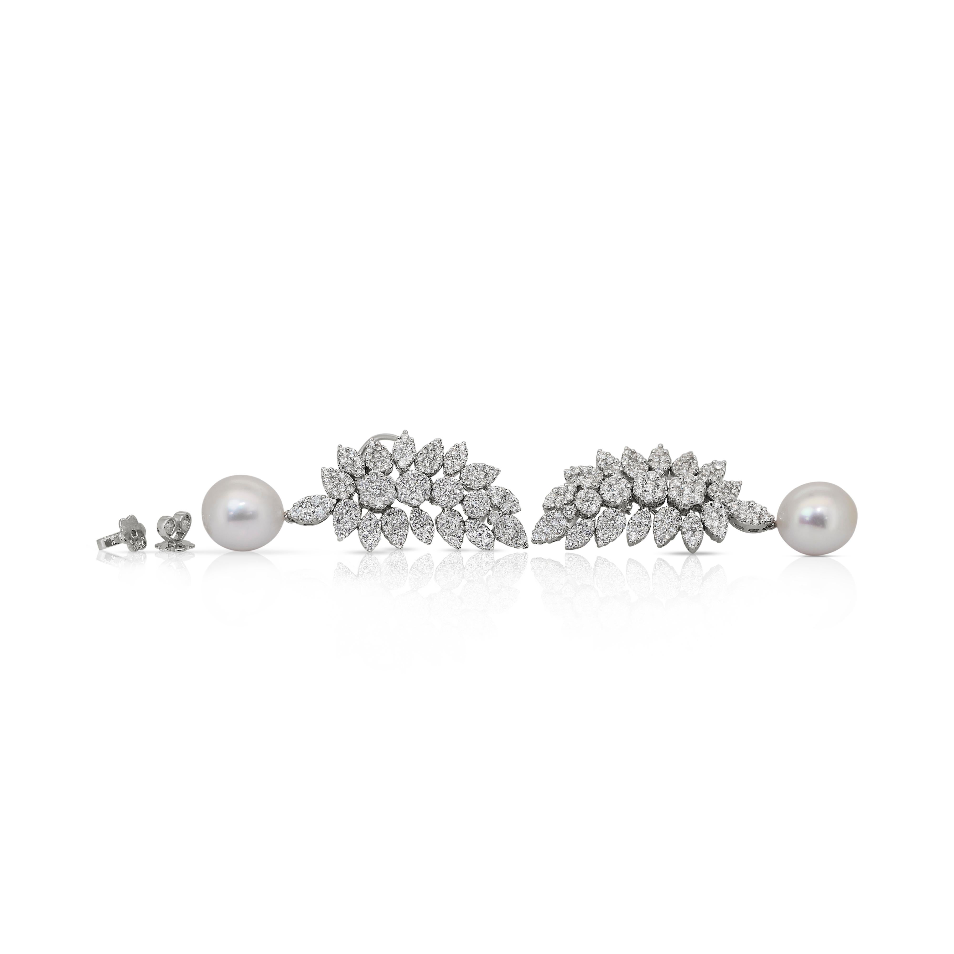 Sparkling South Sea Cultured Pearls and Diamonds Earrings in 18k White Gold For Sale 3