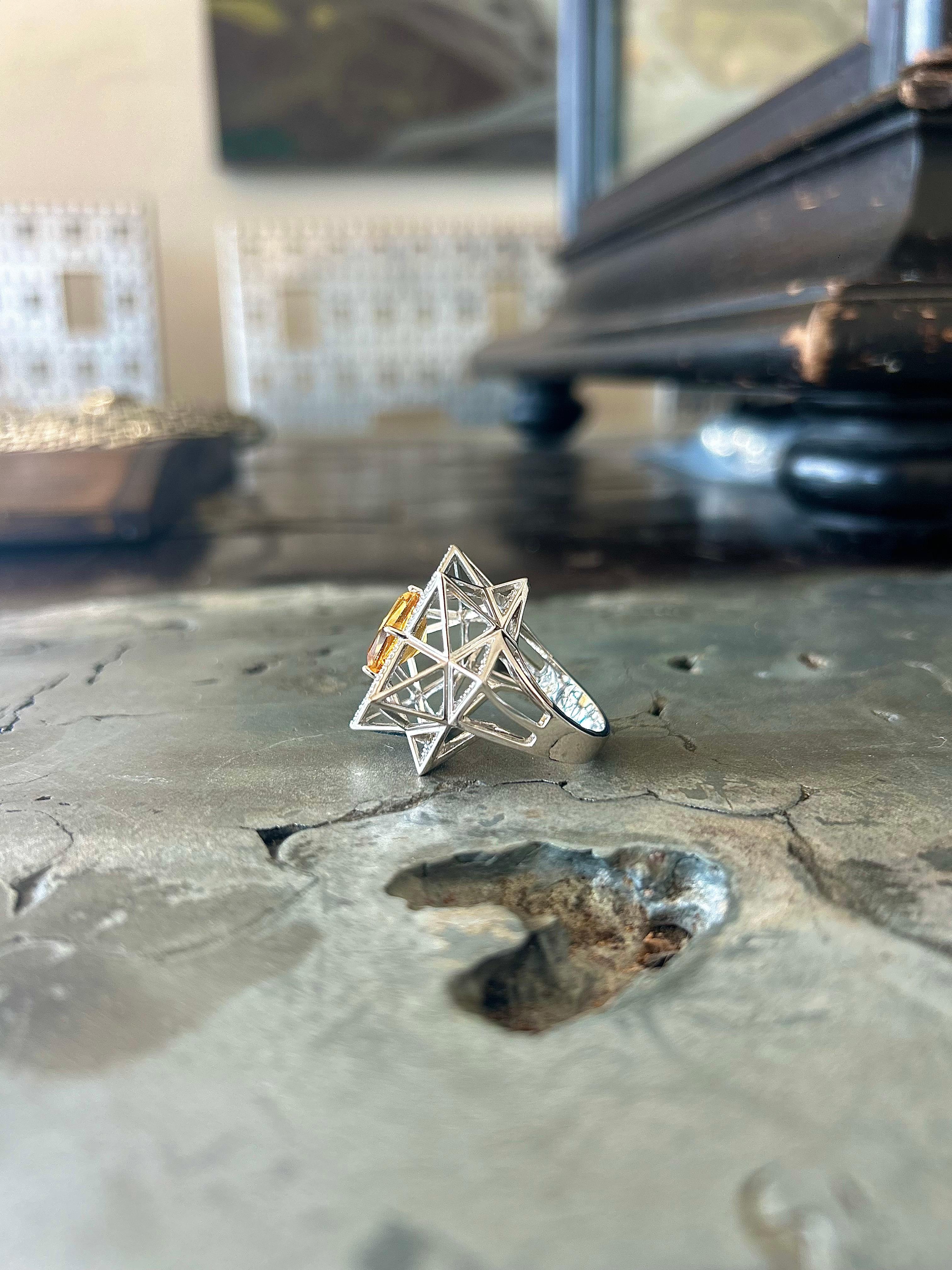 Hexagon Cut One of a Kind Star Diamond and Citrine 18K White Gold Ring – Sacred Geometry For Sale
